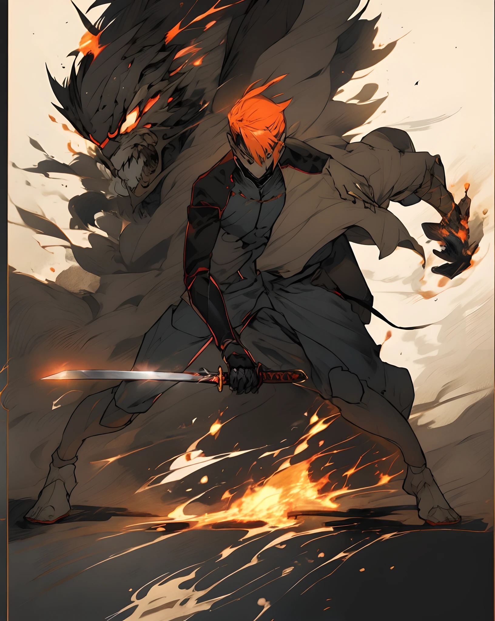 anime, anime, anime boy, fire, fire, sword, sword, sword, sword, sword, sword, sword, sword, sword, sword, sword, ichigo kurosaki, fire!! full body, katekyo hitman reborn, ichigo, anime style like fate/stay night, orange - haired anime boy, anime wallaper, fire behind him