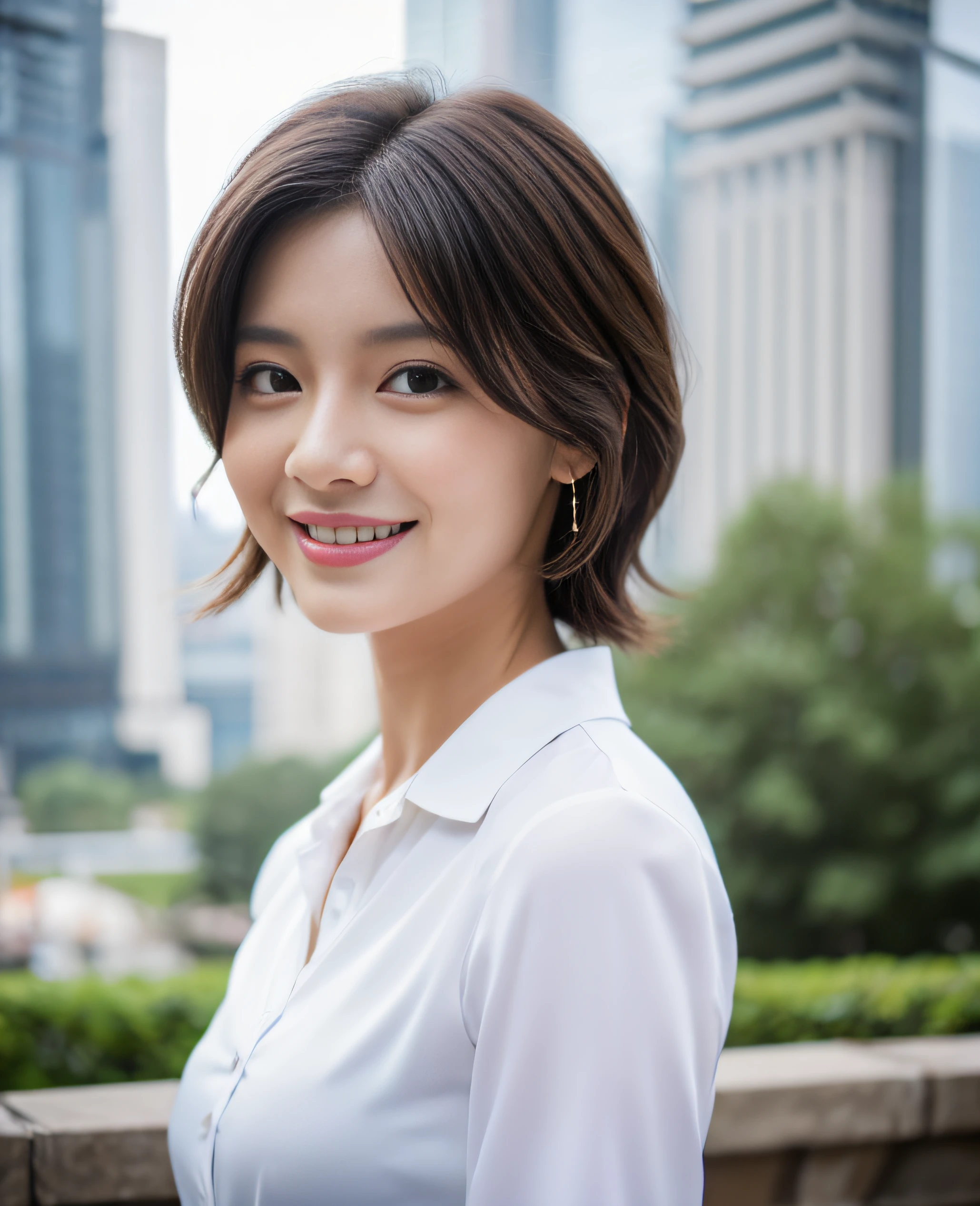 ((masterpiece)), ((Highest quality)), ((Complex)), ((Surreal)), (Realistic), (Mature Woman), ((There are no classes)), Very detailed, (1 female), Beautiful and exquisite, (Beautiful Teeth), Grin, Brunette Bob Hair, Brown eyes, ((blouse)), (Upper Body), (background:none), Perfect Eyes, Captivating eyes, Looking at the audience