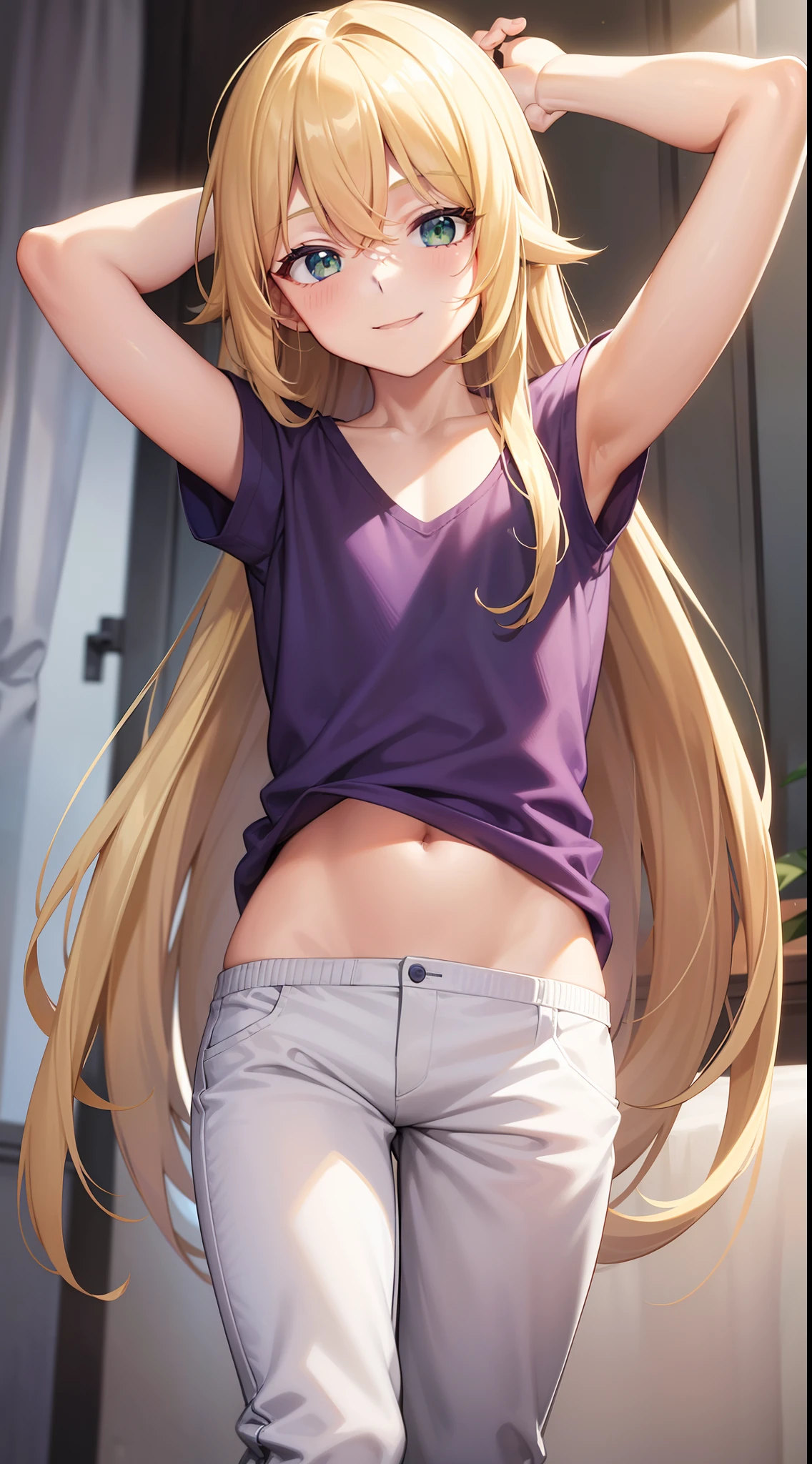 young boy, longue blonde hair, Green eyes, Purple T-shirt, White Elements, pants, open belly, hands behind head, Smile, Masterpiece, hiquality, 4k, HD, Good detail