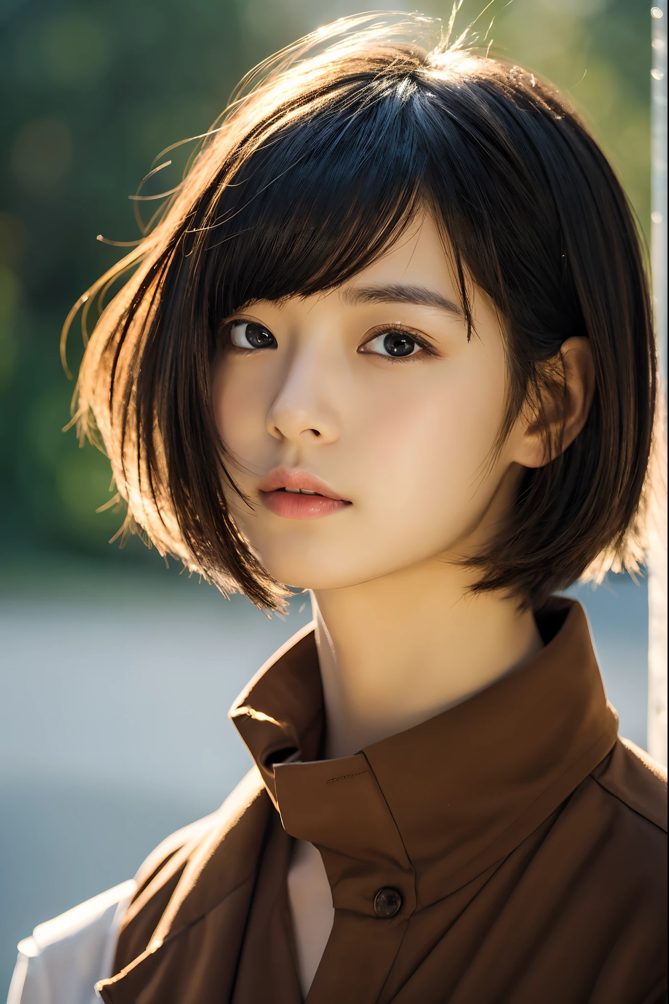 , Blown by the long wind [blue-black:.3] hair,Looking at Viewer, (masutepiece:1.3), (8K, Photorealistic, Raw photo, Best Quality: 1.4), Japanese, (1girl in), Beautiful face, (Realistic face), (Black hair, Short hair:1.3), Beautiful hairstyle, Realistic eyes, Beautiful detailed eyes, (Realistic skin), Beautiful skin, Attractive, 超A high resolution, A hyper-realistic, Highly detailed, Golden ratio,