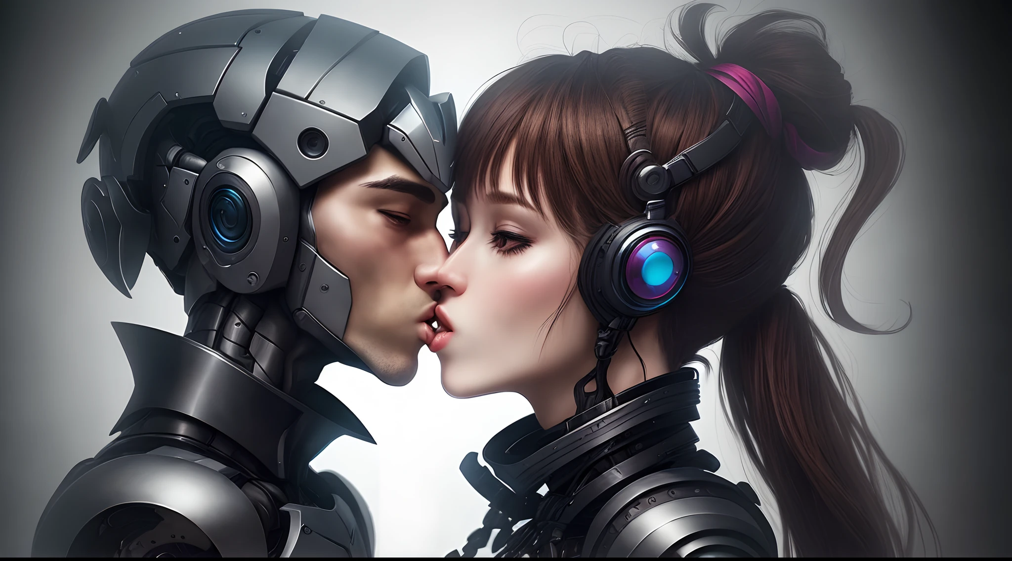A femal humanoid kissing a male human