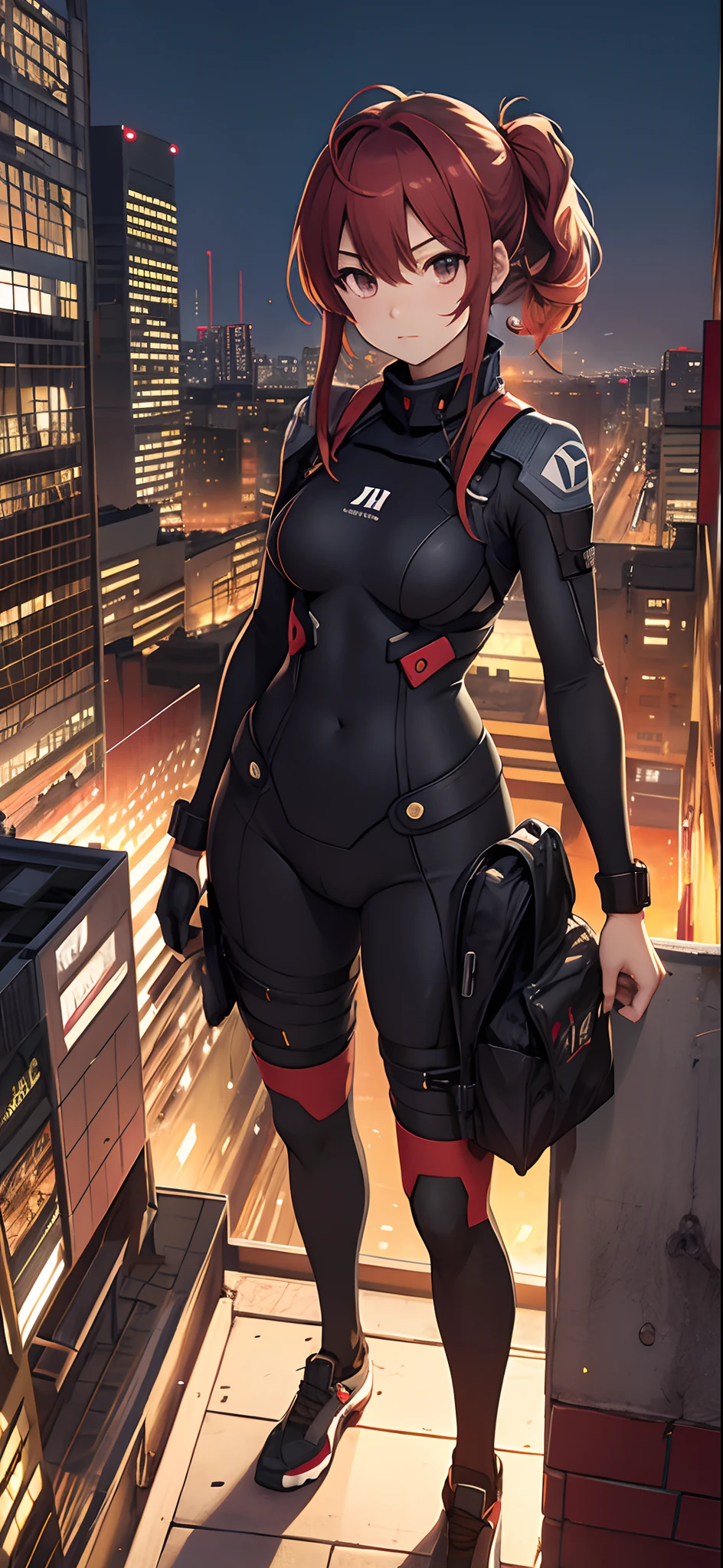 Asuka,1 girl,Driving suits,City ruins,City roof side,dusk,depth of field,Yama,Twilight light,Yun,8k,best quality,proud expression,serious look