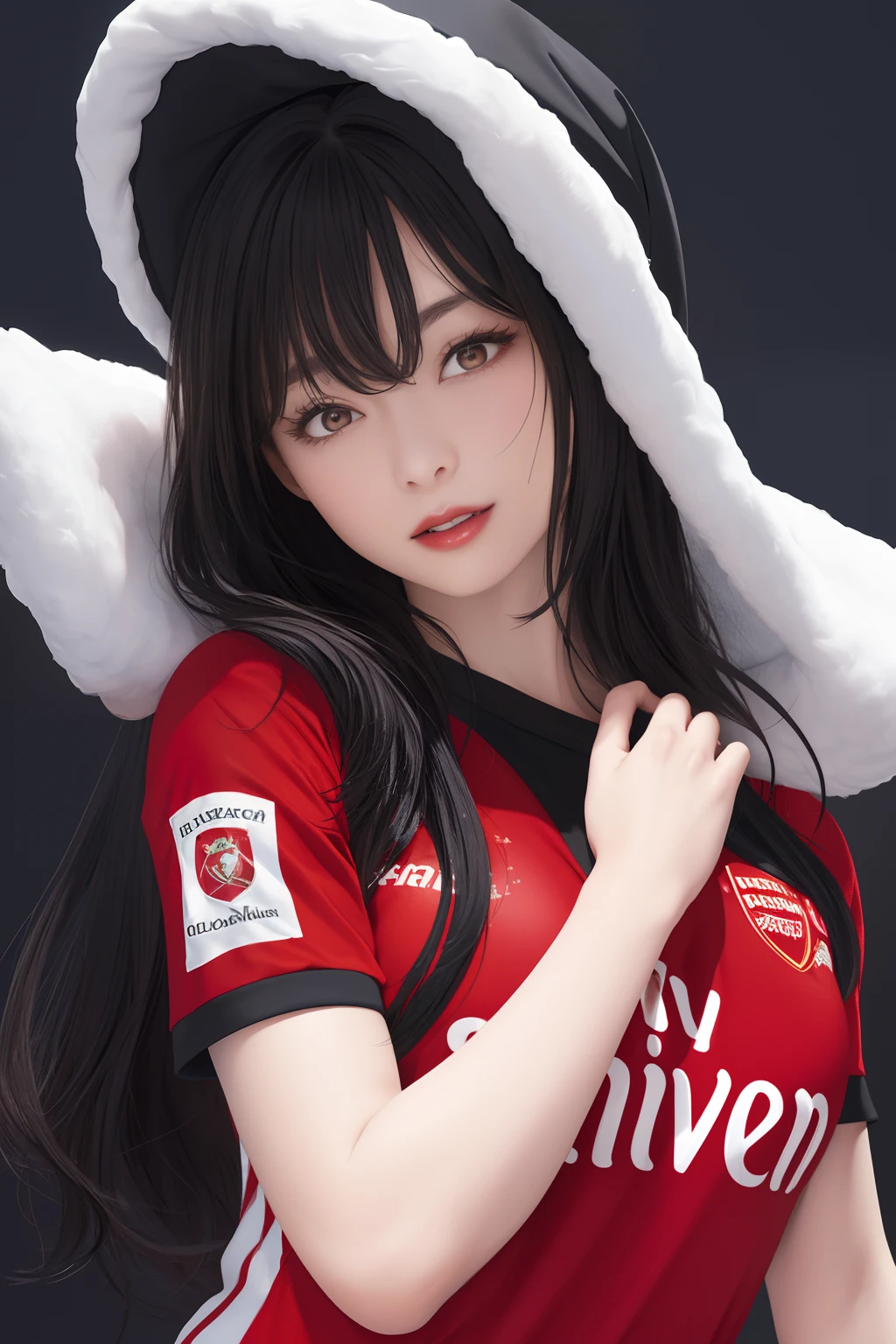 The upper part of the body、an oil painting、​masterpiece、top-quality、hight resolution、long black hair、black backgrounds、bustshot、Loose and fluffy perm、Short-sleeved soccer jersey、red uniforms、Red Arsenal clothes, Super big breast, (W cup), Happy,realistic girl,body wet tight sperm,red lips,looking at viewer