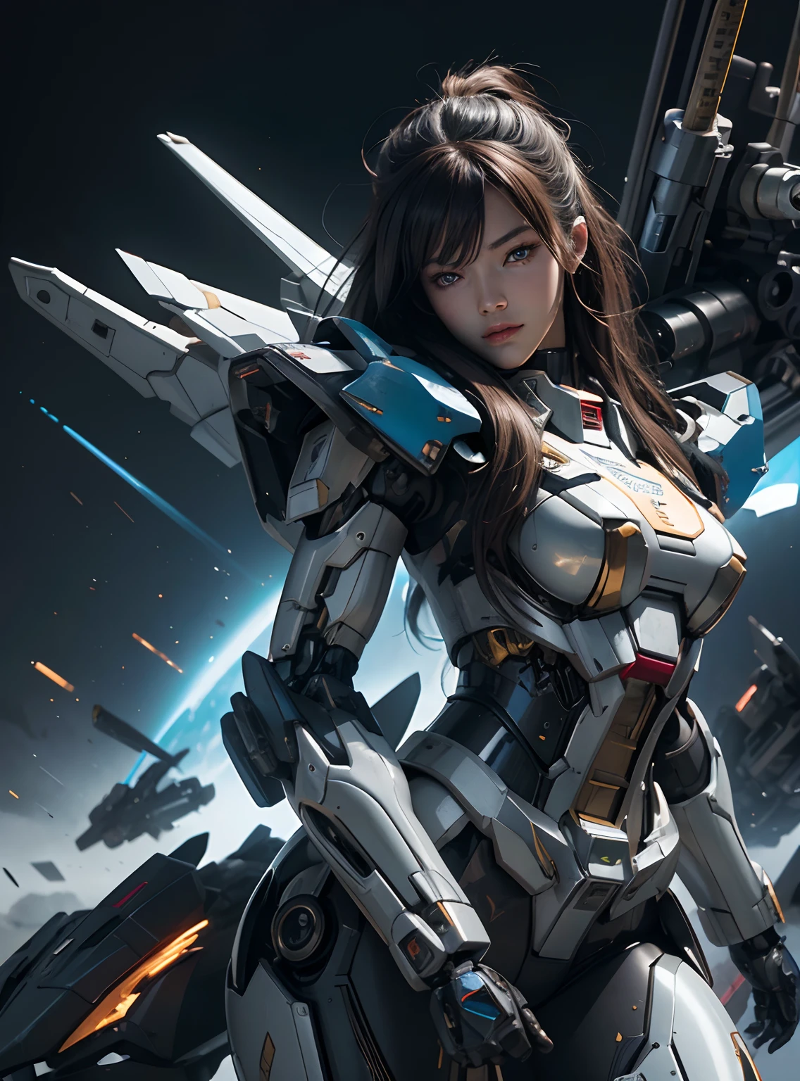 Textured skin, Super Detail, high details, High quality, Best Quality, hight resolution, 1080p, hard disk, Beautiful,(Gundam),beautiful cyborg woman,Mecha Cyborg Girl,Battle Mode,Girl with a Mecha Body,She wears a futuristic Gundam mecha,Fulll body Shot