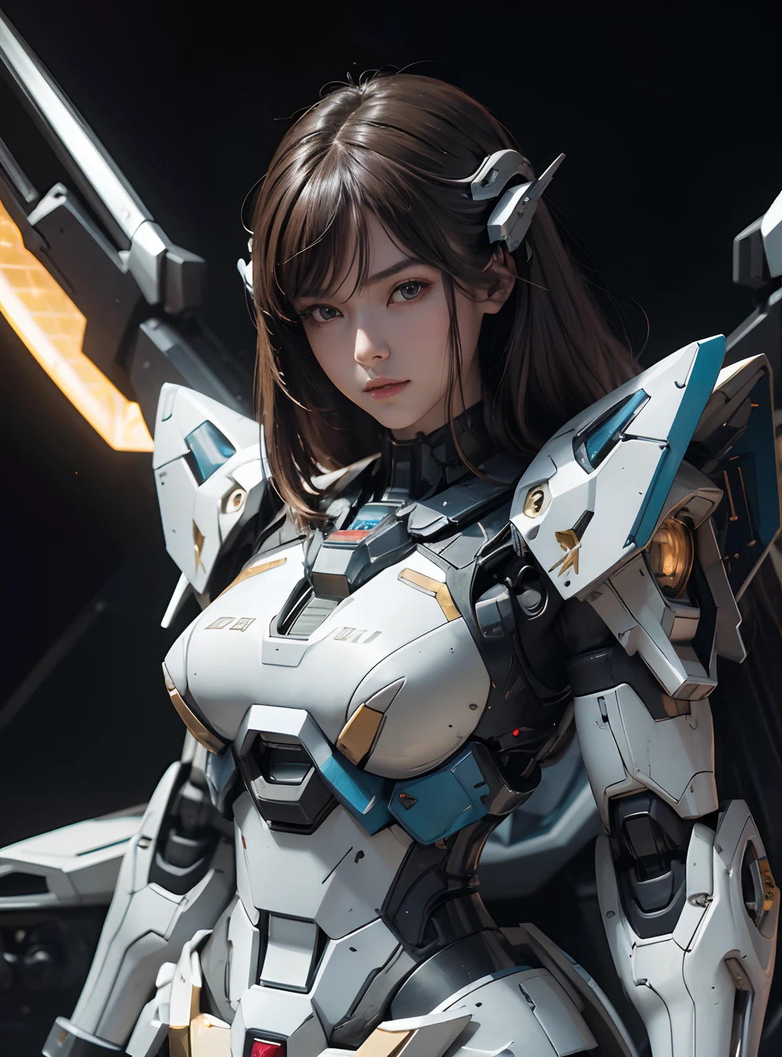 (RAW image quality), rough skin, Super detailed, advanced details, high quality, 最high quality, High resolution, 1080P, hard disk, beautiful,(gundam),beautifulサイボーグの女性,Mecha cyborg girl,battle mode,Mecha body girl,She wears a futuristic gundam mecha, cleavage,