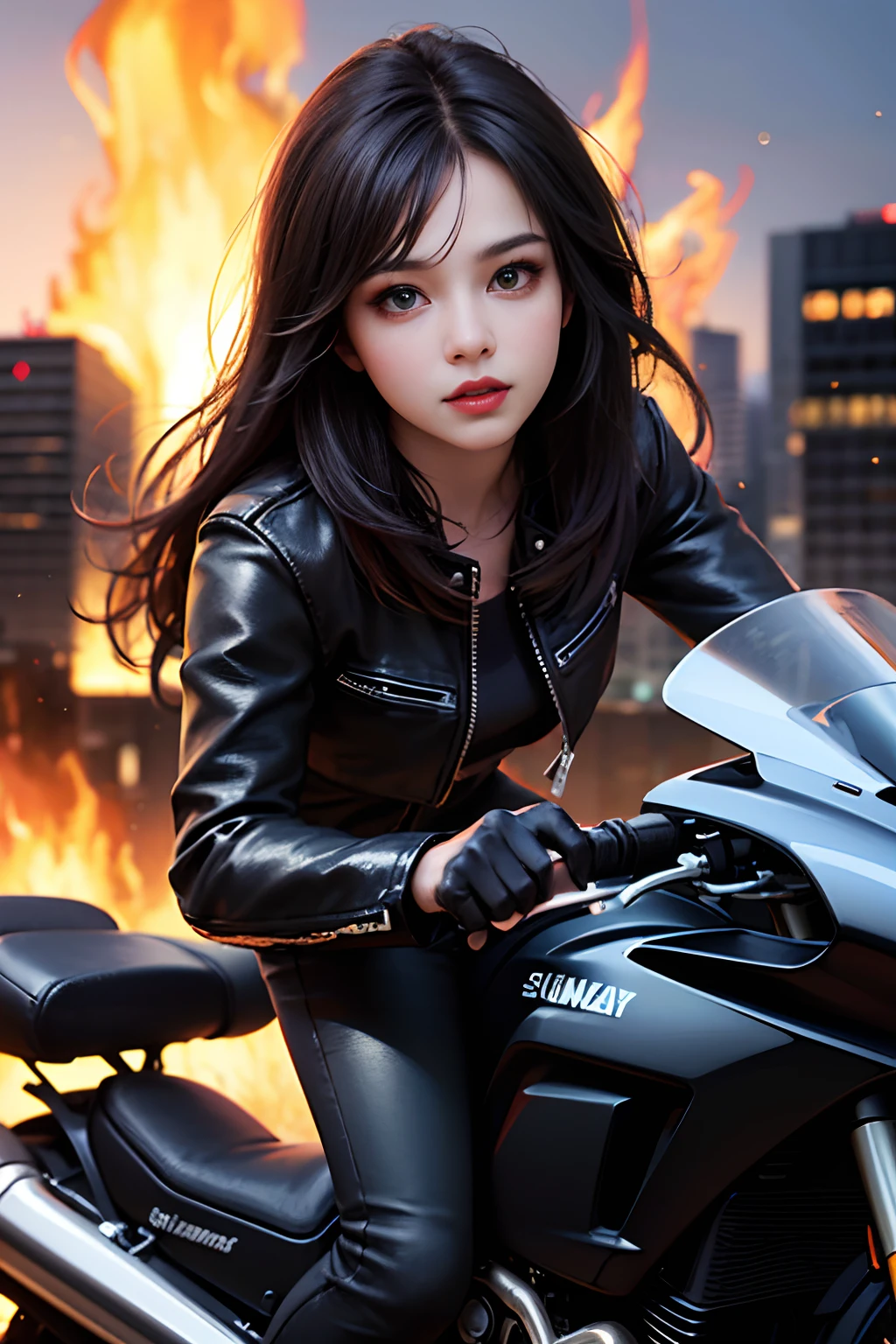 (skindentation:1.5), Realistic, Photorealistic, (masterpiece:1.5), concept art, intricate details, highly detailed, photorealistic, octane render, 8k, unreal engine, dynamic pose, best quality, highres, (realistic face:1.1), (hyperrealistic:1.1), ((full_body)), perfect eyes,(shiny skin:1.2), (((hairstyle))), (((perfect hands))), (extremely detailed background), ((dynamic background)), ((1girl)), wearing black leather jacket, black leather long pants, black t-shirt, black boots, (((flowing jacket))), ((detailed eyes, high quality eyes, high quality face)), (extremely intricate jacket), long black hair, ((dramatic)), epic, city, depth of field, bokeh, 4k, (((riding motorcycle))), ((casting fire)), magic, sparkles