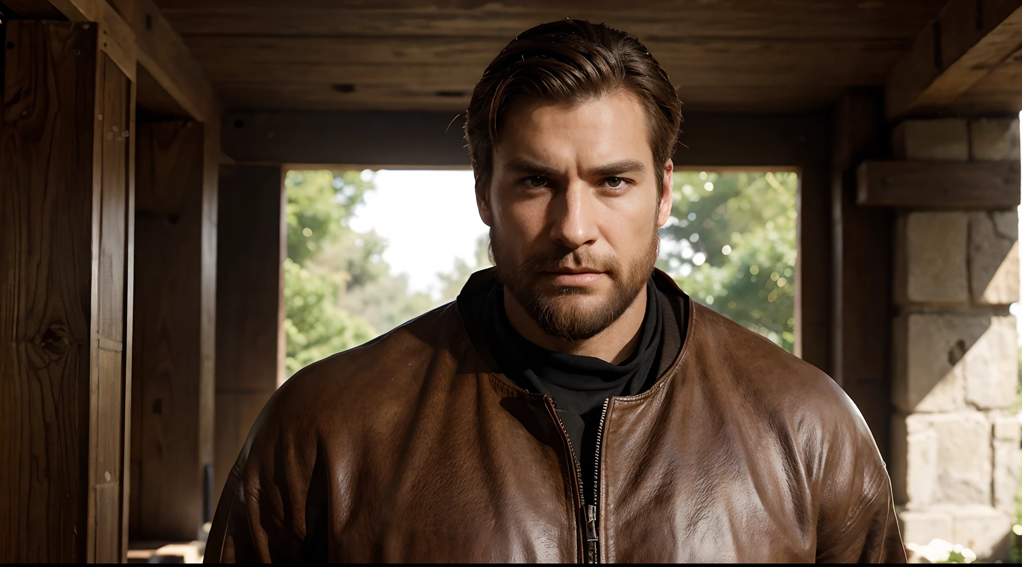 tall, imposing figure, standing at 6'2" with a broad-shouldered build that speaks of years of physical training. His skin carries a sun-kissed tan, a testament to countless hours spent outdoors during investigations. His hair, once a deep chestnut, is now peppered with streaks of silver, especially at the temples, adding an air of distinction. Deep-set hazel eyes, often contemplative, are shadowed with the weight of unresolved cases and memories of his long tenure. A rugged face with prominent cheekbones and a square jawline is adorned with a well-trimmed beard. Years in the force have left subtle scars on his face and hands, each telling a story of its own. He's often seen in a well-fitted suit, though it's clear he's more comfortable in his worn-in leather jacket.