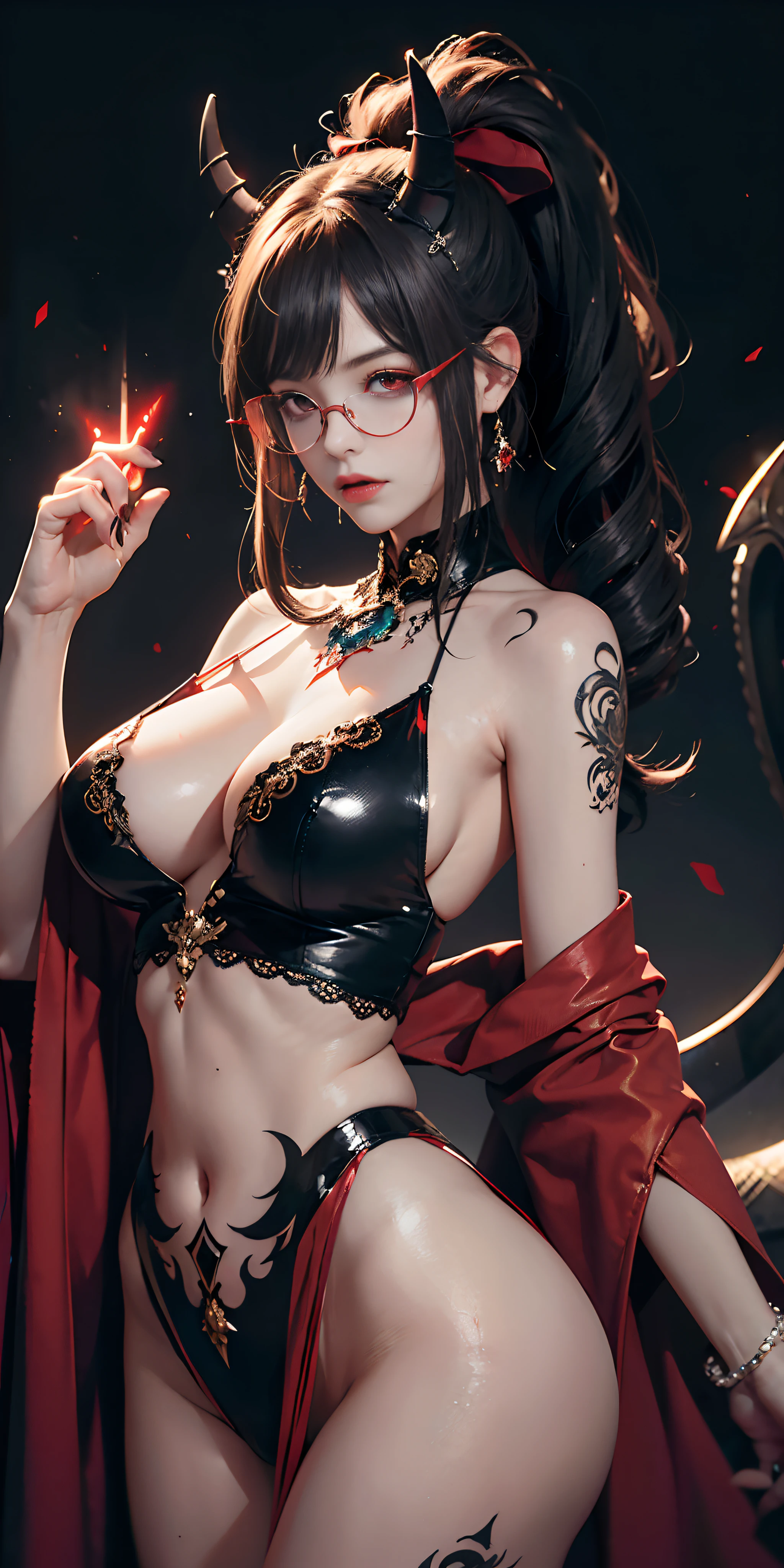 Fine、(The best illustrations)、8k UHD resolution、intricate-detail、top-quality、realisitic、ultra-detailliert、The best lighting、Best Shadows、Soft lighting、Ulutra HD、Dungeon and Dragon、Devil's Palace、Devil's Torture Chamber、magia、 A Necromancer、natta、Dark style、Succubus、Devil's Daughter、Bat Wings,(((Demon Horns)))、((((black-rimmed round glasses))))、(((Colossal tits)))、(Devil's Tail)、(red eyes glowing:1.6)、 intricate tattoos, demonic intricate tattoos, thigh tattoos, body tattoos, masterpiece、beautiful countenance、Muscular seductive body、The enchanting body of the devil、Seductive Black Magic Costume、A shiny red skull wand was wrapped around her hand、Tindall Effect、photos realistic、(High Detail Skins:1.2)、 (Intricate details, makeup, pureerosface_v1:0.5), (Detailed beautiful delicate face, Detailed beautiful delicate eyes, A perfectly proportioned face, High detailed skin, Detailed skin, best ratio four finger and one thumb, arms below breasts, Tattoo with a red glow under the stomach、Awesome awesome, wide hips, smooth midriff, skiny and thin, __Fashion__, __hair__:1.25)、Digital SLR、hightquality、a picture、hight resolution、 absurderes、Ponytail distortion、1人、Red sparkling gemstone necklace、jewely、Beautiful expression、Body Up、Large breasts emphasis、Toned waist、Wide buttocks、Devil's Tail、intricate tattoos, demonic intricate tattoos, thigh tattoos, body tattoos, effect、Photorealsitic、(High Detail Skins:1.2)、In the Dark, lowkey, cowboy lens, (Black Phoenix Dress: 1.0), Seductive Black Magic Costume、Long hair, Black hair, Bust, Devil's Palace, devil crown, red eyes make up very sharp and detailed, The most beautiful face, Super tight breasts, Breast augmentation surgery, The breasts are very big and round and round, Black magic costume、Super realistic , Charming smile, The eyes are very well made up, ((Red Eye:1.0)), guweiz, devil style,Muscular seductive body、 wearing black mesh socks, Ponytail with a bow tied at the back of the hair, plump beautiful red lips, wearing a thin red and black robe, Hands pull the straps to expose sexy breasts, A shiny red skull wand was wrapped around her hand、the landscape is overcast and thunderous, Beautiful female demon portrait, Protagonist Close-up, (Detailed spooky backgrounds:0.8), nffsw, nffsw, The 8k quality, detailed pixel, Meet beautiful girls, Look at the girl's body,Emphasis on large breasts、Tattoo with red glow、Tattoos, intricate tattoos, demonic intricate tattoos, thigh tattoos, body tattoos,Devil's Tail、Body Up、A shining red skull wand was wrapped around her hand、