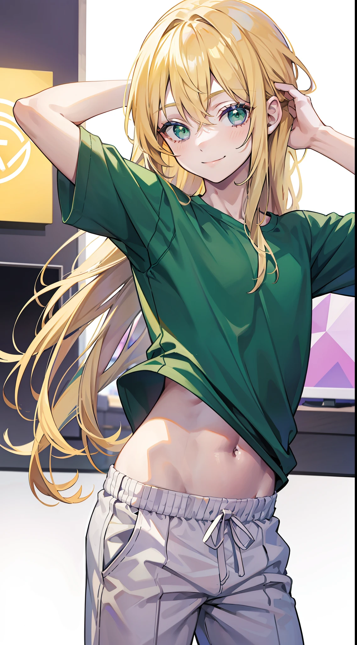 young boy, longue blonde hair, Green eyes, Purple T-shirt, White Elements, pants, open belly, hands behind head, Smile, Masterpiece, hiquality, 4k, HD, Good detail