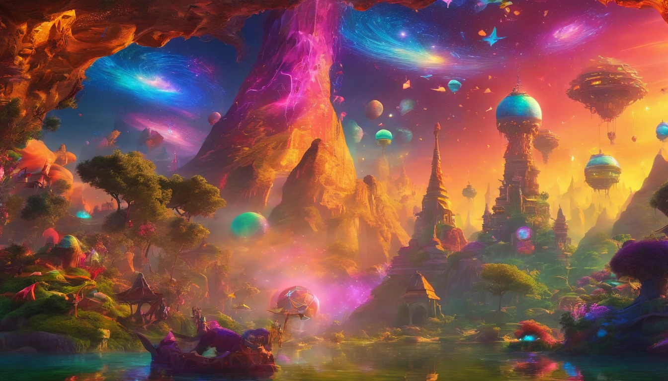 (best quality,4k,8k,highres,masterpiece:1.2),ultra-detailed,(realistic,photorealistic,photo-realistic:1.37),dreamworld,colorful music,riding dinosaurs,performing ninjas,airships in sky with beautiful galaxy,ninjas jumping and flying,ancient city with towering buildings,magical floating islands,lush greenery,sparkling waterfalls,twinkling stars,ethereal atmosphere,vibrant colors,impressive lighting,huge creatures,whimsical landscapes,awe-inspiring scenery,mystical energy,magical aura,surreal settings,mesmerizing harmony,awe-inspiring beauty,dynamic composition,harmonious blend of elements,immersive experience,visually stunning,magical and intriguing.