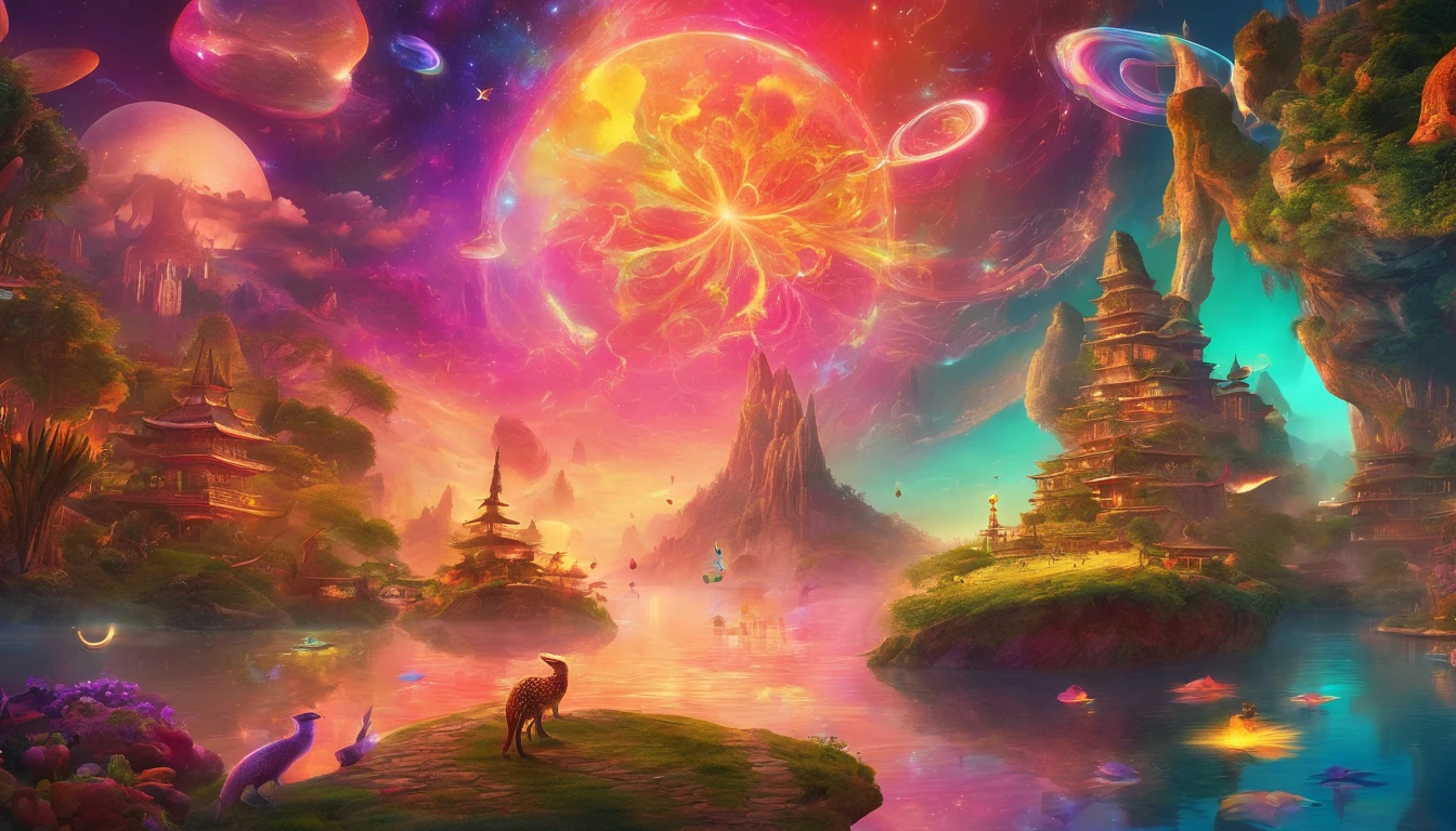(best quality,4k,8k,highres,masterpiece:1.2),ultra-detailed,(realistic,photorealistic,photo-realistic:1.37),dreamworld,colorful music,riding dinosaurs,performing ninjas,airships in sky with beautiful galaxy,ninjas jumping and flying,ancient city with towering buildings,magical floating islands,lush greenery,sparkling waterfalls,twinkling stars,ethereal atmosphere,vibrant colors,impressive lighting,huge creatures,whimsical landscapes,awe-inspiring scenery,mystical energy,magical aura,surreal settings,mesmerizing harmony,awe-inspiring beauty,dynamic composition,harmonious blend of elements,immersive experience,visually stunning,magical and intriguing.