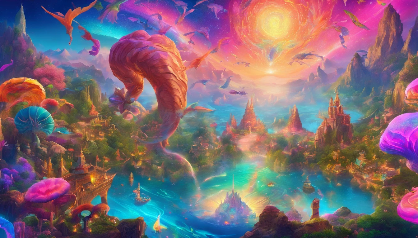 (best quality,4k,8k,highres,masterpiece:1.2),ultra-detailed,(realistic,photorealistic,photo-realistic:1.37),dreamworld,colorful music,riding dinosaurs,performing ninjas,airships in sky with beautiful galaxy,ninjas jumping and flying,ancient city with towering buildings,magical floating islands,lush greenery,sparkling waterfalls,twinkling stars,ethereal atmosphere,vibrant colors,impressive lighting,huge creatures,whimsical landscapes,awe-inspiring scenery,mystical energy,magical aura,surreal settings,mesmerizing harmony,awe-inspiring beauty,dynamic composition,harmonious blend of elements,immersive experience,visually stunning,magical and intriguing.