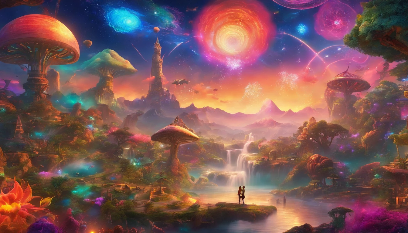 (best quality,4k,8k,highres,masterpiece:1.2),ultra-detailed,(realistic,photorealistic,photo-realistic:1.37),dreamworld,colorful music,riding dinosaurs,performing ninjas,airships in sky with beautiful galaxy,ninjas jumping and flying,ancient city with towering buildings,magical floating islands,lush greenery,sparkling waterfalls,twinkling stars,ethereal atmosphere,vibrant colors,impressive lighting,huge creatures,whimsical landscapes,awe-inspiring scenery,mystical energy,magical aura,surreal settings,mesmerizing harmony,awe-inspiring beauty,dynamic composition,harmonious blend of elements,immersive experience,visually stunning,magical and intriguing.