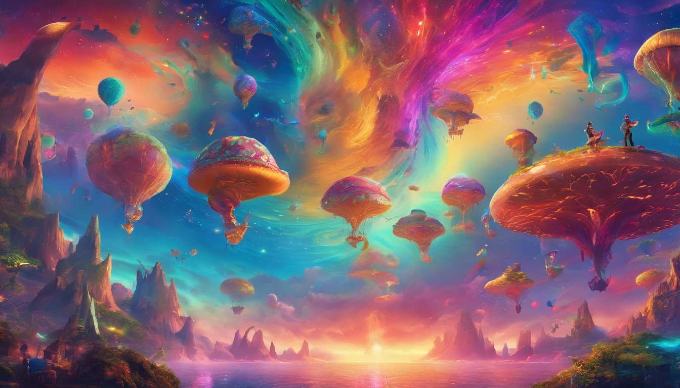 (best quality,4k,8k,highres,masterpiece:1.2),ultra-detailed,(realistic,photorealistic,photo-realistic:1.37),dreamworld,colorful music,riding dinosaurs,performing ninjas,airships in sky with beautiful galaxy,ninjas jumping and flying,ancient city with towering buildings,magical floating islands,lush greenery,sparkling waterfalls,twinkling stars,ethereal atmosphere,vibrant colors,impressive lighting,huge creatures,whimsical landscapes,awe-inspiring scenery,mystical energy,magical aura,surreal settings,mesmerizing harmony,awe-inspiring beauty,dynamic composition,harmonious blend of elements,immersive experience,visually stunning,magical and intriguing.