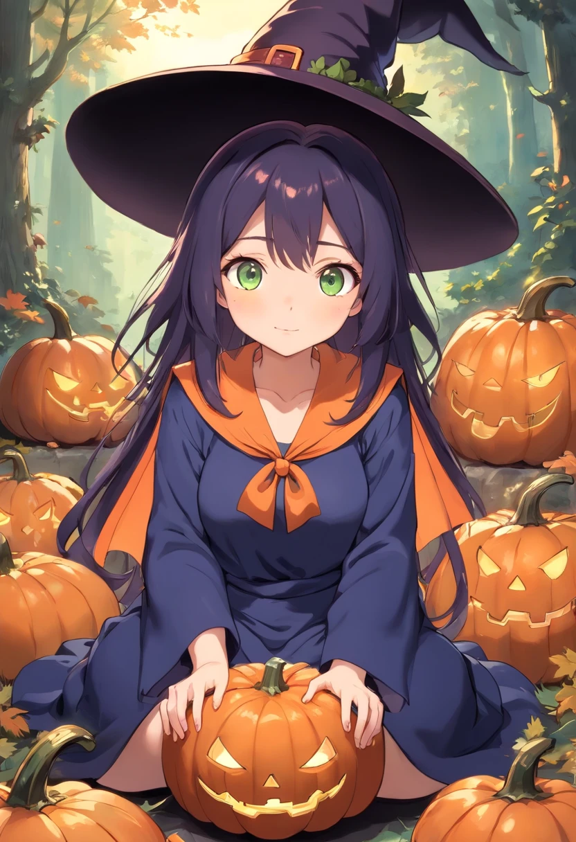 bien en ccheveux,1fille,sitting on 1Strange pumpkin,full body view,Fond de citrouilles effrayantes,Dressed as a witch,Big witch's hat,cuisse_Hauts,Mini_jupe,grand_Hanches,odd,Ghosts, Halloween, gigantesque_poitrine,cleavage cutout,rougissant,Ahegao_visage,cheveux noirs,yeux verts,cordiforme_pupils,long_cheveux,taille minuscule,high detailed,