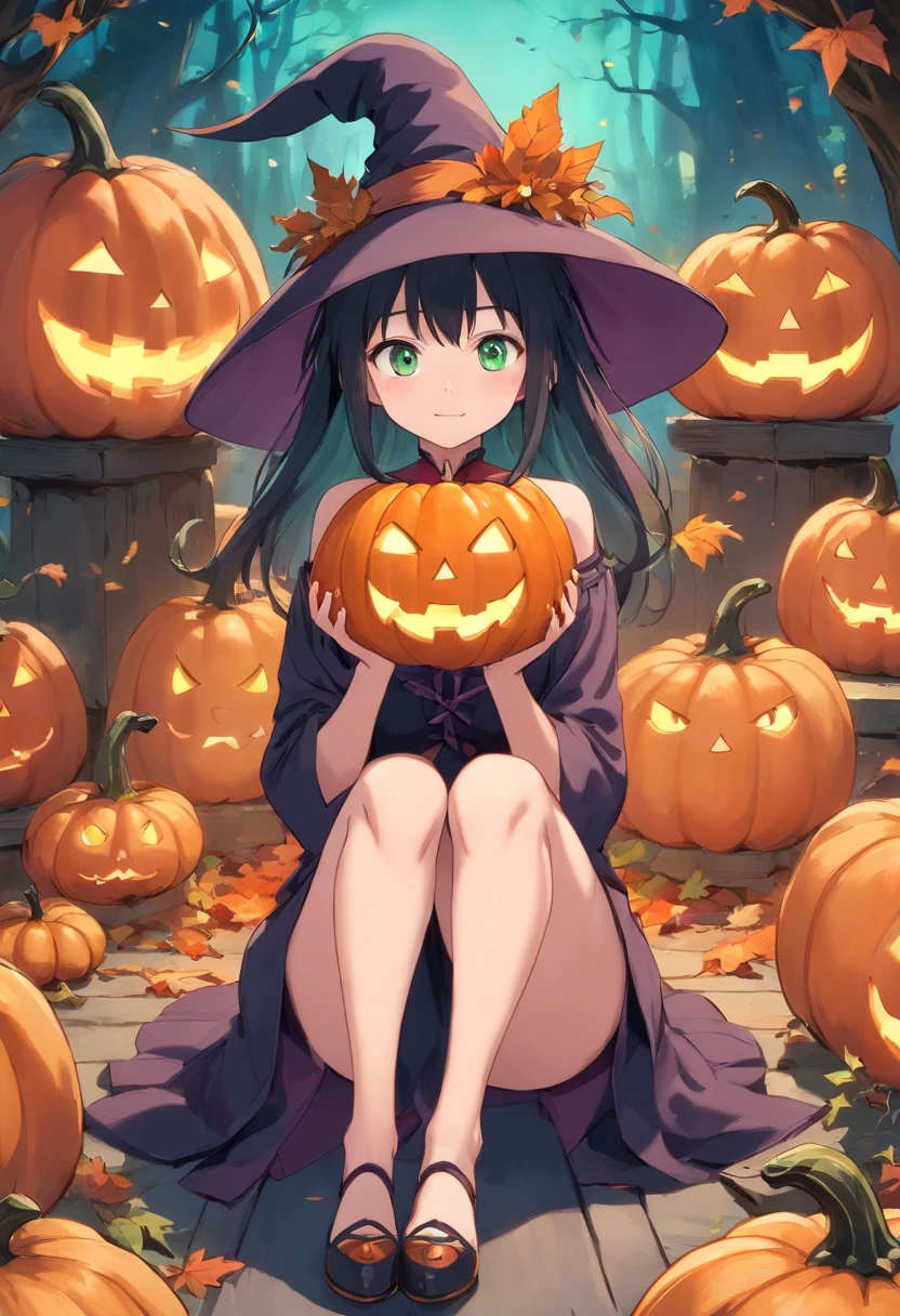 bien en ccheveux,1fille,sitting on 1Strange pumpkin,full body view,Fond de citrouilles effrayantes,Dressed as a witch,Big witch's hat,cuisse_Hauts,Mini_jupe,grand_Hanches,odd,Ghosts, Halloween, gigantesque_poitrine,cleavage cutout,rougissant,Ahegao_visage,cheveux noirs,yeux verts,cordiforme_pupils,long_cheveux,taille minuscule,high detailed,