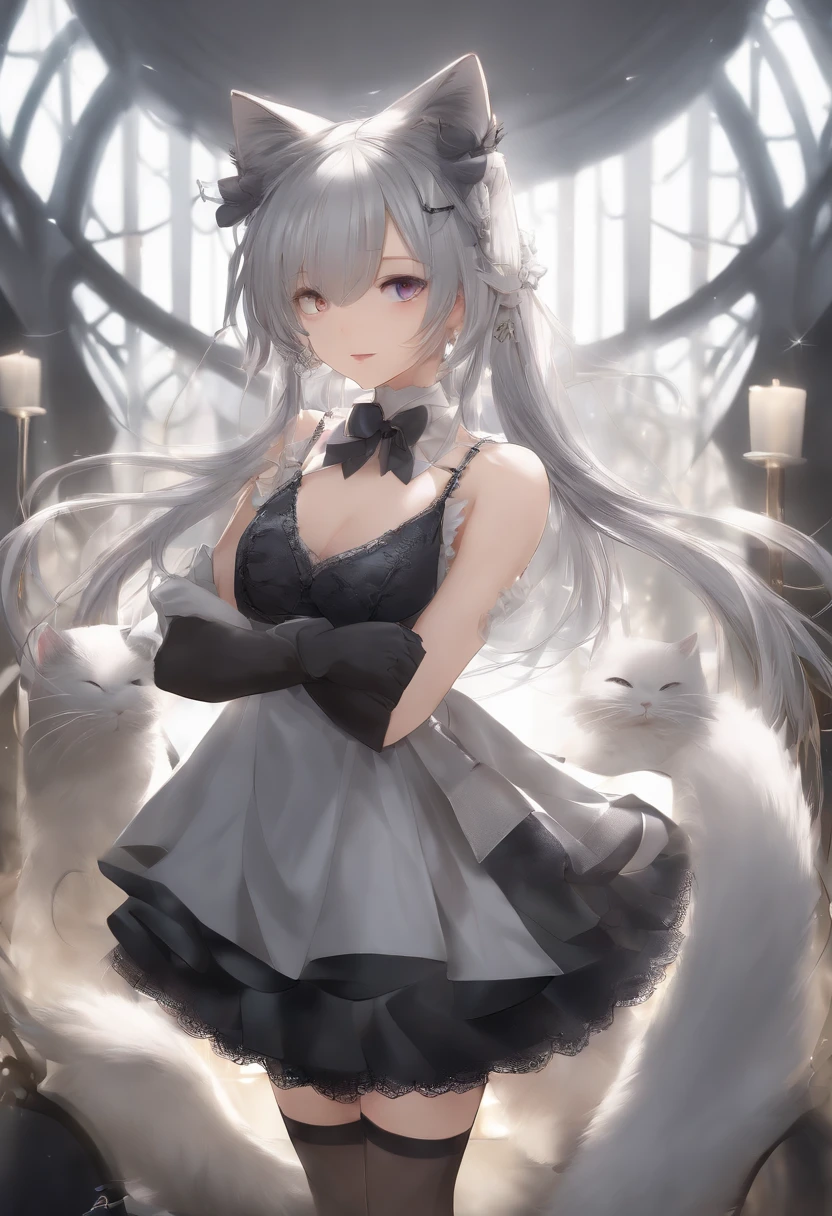 (Masterpiece, Best Quality, High Resolution: 1.2), 1 Girl, Solo, Twin Tails, Grey Eyes, full body, Dress, Silver Hair, Cat Ears