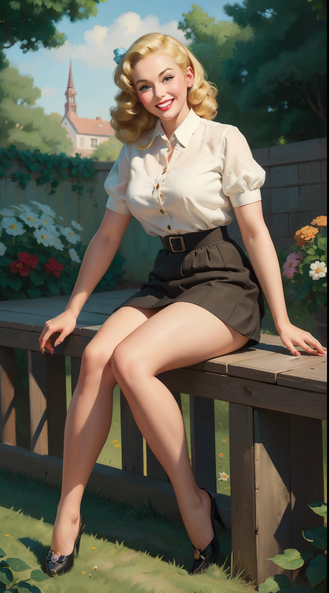 (masterpiece:1.4), (best quality:1.4), retro vintage pin-up style, extremely detailed, intricate, hyper-detailed, illustration, soft lighting, 20 years old girl, Blonde hair, doted skirt, bend_over, grin, (perfect_face), sitting on fence, out door, garden, intricate, dramatic lighting, 4k, detailed_background, caustics, full_body, digital_illustration