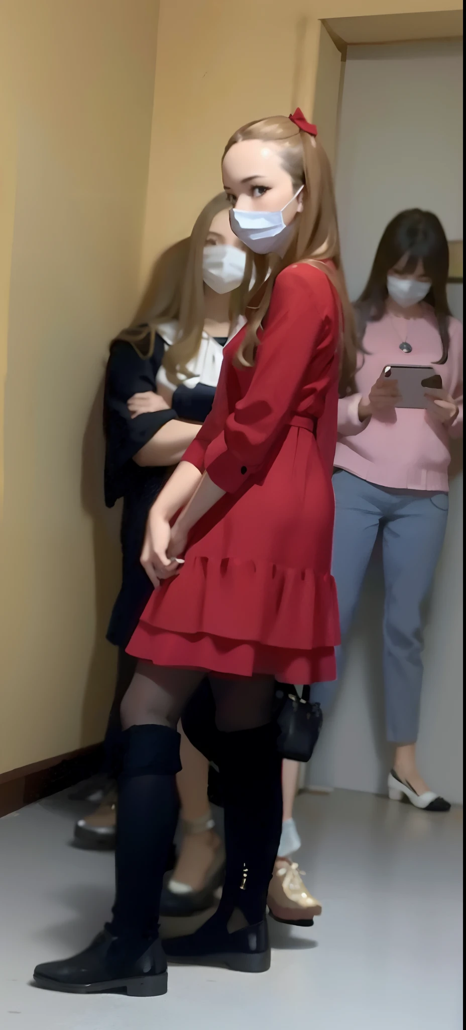 There are people in masks in the room, wearing red dress, wearing red dress, girl wears a red dress, wearing red dress, candid shot, with a red skirt, An intriguing outfit, in red clothes, She arrived in a red dress, in a red outfit, in a red robe, red clothes, Checking her phone, A sinister figure in the background