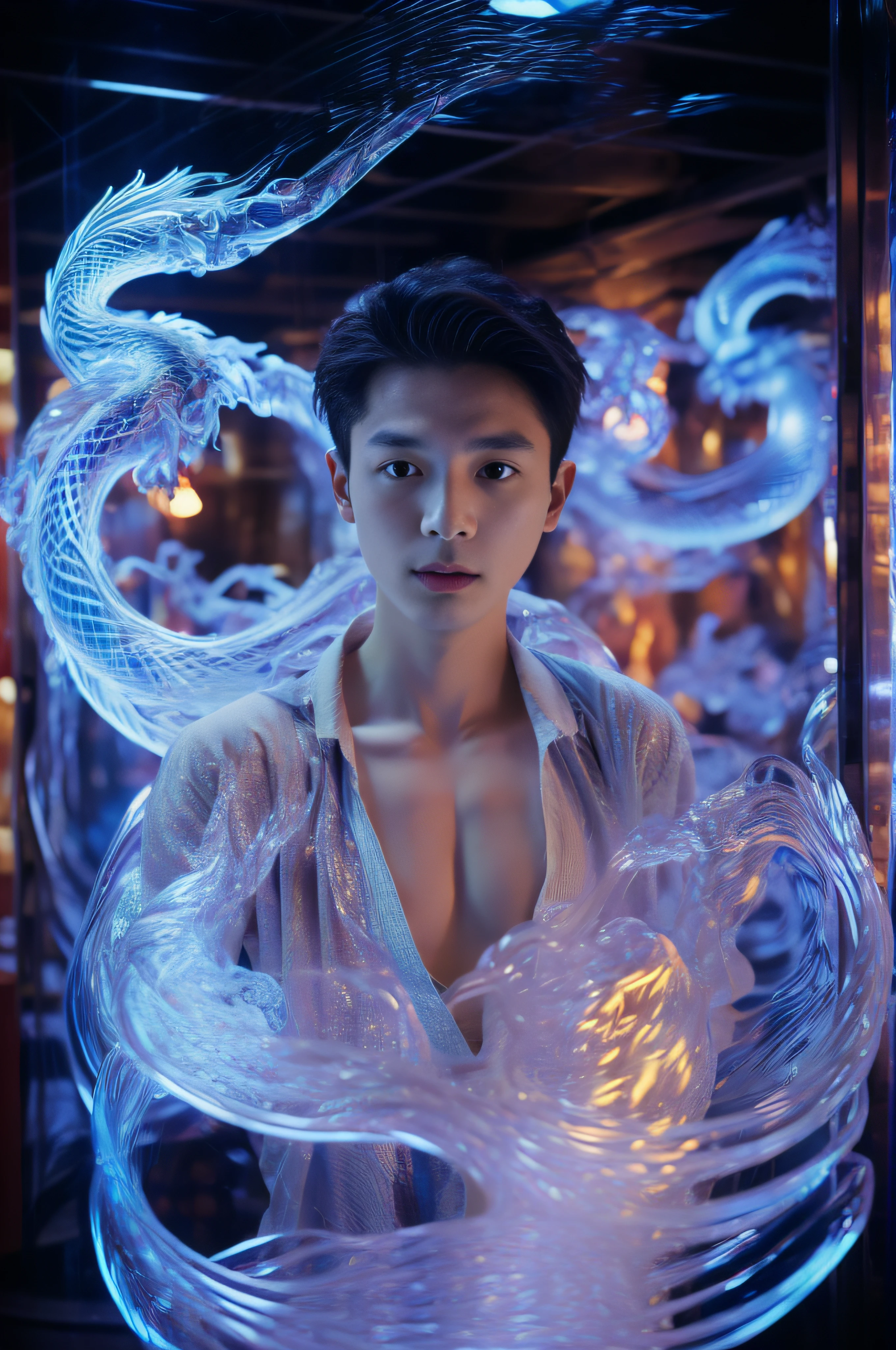 Blue Holographic Dragon 2 boy，closeup cleavage，Clear facial features and a delicate face，virile，delicated