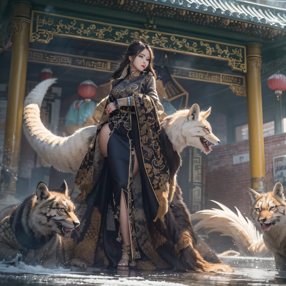 cinematic cgsociety,，combat scene、Chinese big breasts、Quaint、three kingdom、ember、100 people、Macro telephoto vista、intense battles、high detal、masuter piece、NSFW，gold, Black silk, Silk long sleeved gauze shirt，Quick-drying vest，Linen sweater，Python cloak，Flying nine-tailed fat ivory flame fur fox，Snowflake sky dark gold sulphur damask snakeskin chest protection，Rouge diamond tulle transparent dragon scale leg guard，Dark green pond，Front view，Pure transparency，Wear boxing gloves，Ice is permeable to gas，Film light and shadow，Panorama ultra-wide angle，extremely happy，The texture of the real person is delicate，Strong visual impact，Hyper-detailing，Dream girl，Refined face，prettyeyes，，Black flowing hair blown by the wind，high saturated，Zhou Xiaotong，crystal-clear，Good sense of perspective，Light and shadow effects，16K smooth，Surface reflected light，Panorama composition，full bodyesbian，facing away from the audience，does not look at the viewer