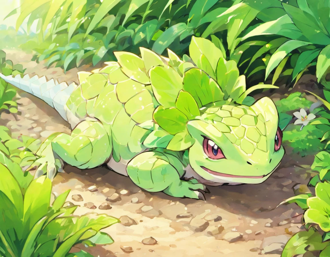 High-quality image quality,reptil、lizard、Eyelash horned lizard、a color,Lily White,Lying on the rocks Pokemon grass and poison type Pokemon