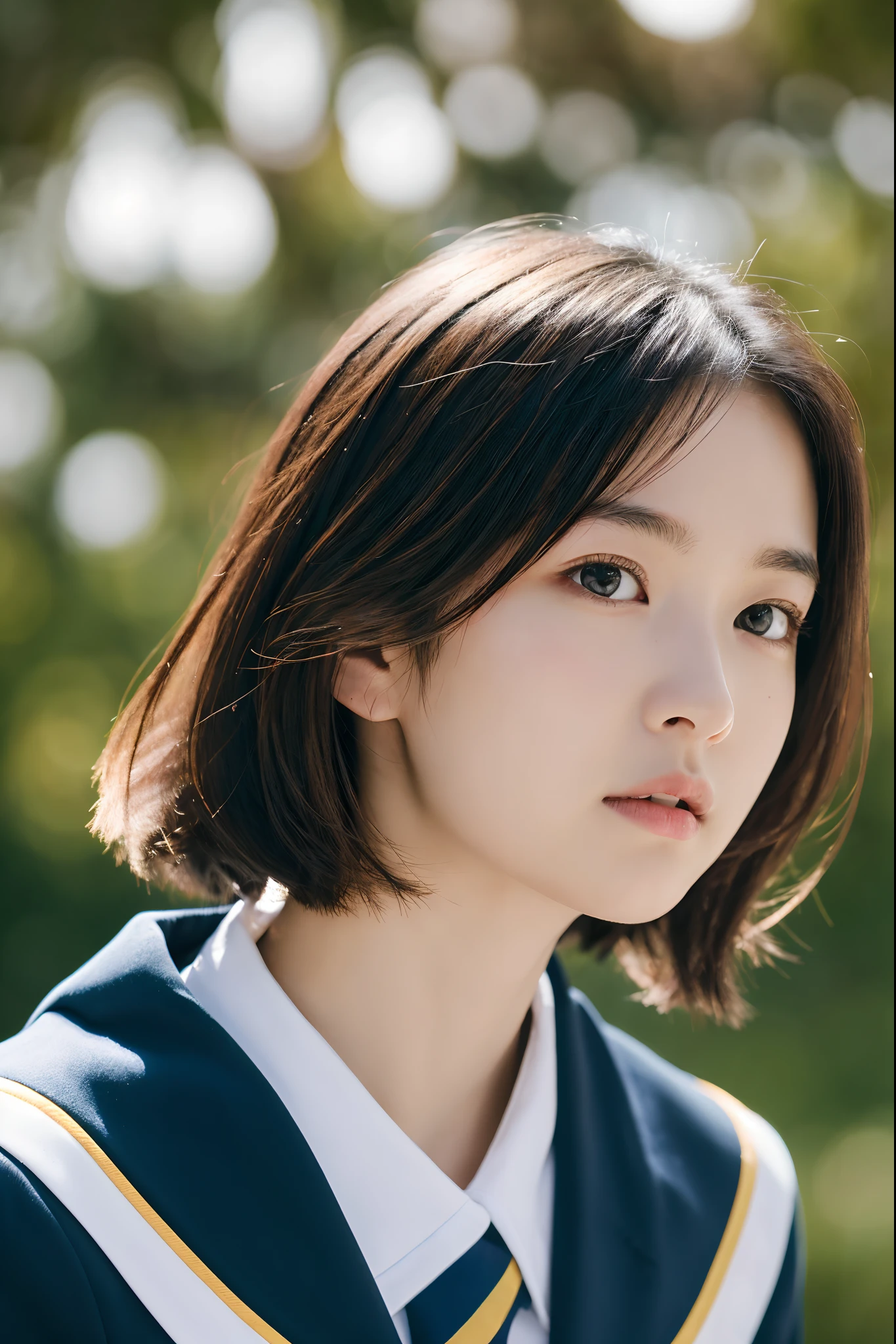 , Blown by the long wind [blue-black:.3] hair,Looking at Viewer, (masutepiece:1.3), (8K, Photorealistic, Raw photo, Best Quality: 1.4), Japanese, (1girl in), Beautiful face, (Realistic face), (Black hair, Short hair:1.3), Beautiful hairstyle, Realistic eyes, Beautiful detailed eyes, (Realistic skin), Beautiful skin, Attractive, 超A high resolution, A hyper-realistic, Highly detailed, Golden ratio,School Uniform