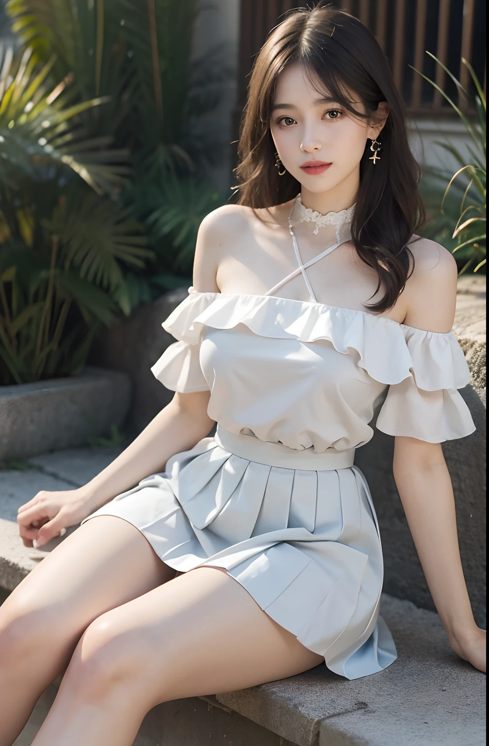 (8k、RAW Photos、Highest quality、Masterpiece: 1.2)Highest quality, masterpiece, ultra high resolution high resolution,Tabletop, Highest quality, One Girl, (beautiful girl:1.3), (16 years old:1.2), Very fine grain definition, (Symmetrical eyes:1.3), Browsing Caution, (cute、Mesh slits、Neckline open、A mini dress with attention to detail、:1.3), Spread your legs、Beautiful breasts, Brown eyes, Parted bangs, Brown Hair, Upper teeth、Background Outdoor Blur、Chain choker、I can see your pants.、