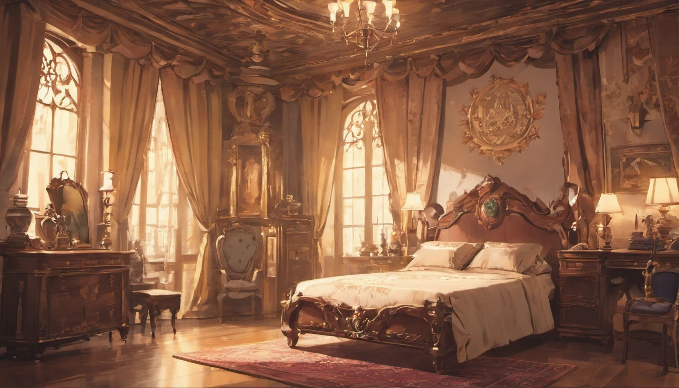 Sunlight coming in from outside, off-white bed, blue curtains, gold hemming material, shaded floor in blue-purple tones, dresser and chandelier, Gothic mansion room, Line work concept art, Interior background art, Stylized, Film art Behance HD, Art Nouveau environment, Concept art highly detailed, Victorian room, Gothic doll manor inside bedroom, Colorful, ray tracing, light and dark transparency, dark shadow transparency, metal chandelier glow, concept art scene, gorgeous borders + concept art, inspired by senior environmental artists, Disney artist style, lots of flowers, golden light, surrealism, award-winning masterpieces, incredible detail, epic stunning, ground with reflective reflections.