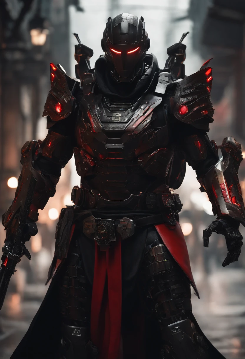 Dark_Fantasy,Cyberpunk,1manMechanical marvel,Robotic presence,Cybernetic guardian, samurai mechanical armour, katana on the waist, absolutely stunning art,wearing a black cloak, highest quality art, highest resolution, hyper detailed,black and red, futuristic, samurai robot, atmospheric,8k,64k, HD, unparalleled masterpiece, dynamic lighting, cinematic, epic