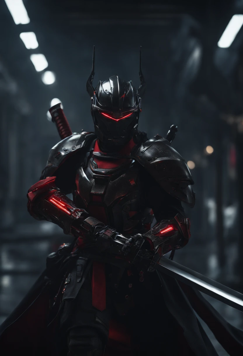 Dark_Fantasy,Cyberpunk,1manMechanical marvel,Robotic presence,Cybernetic guardian, samurai mechanical armour, katana on the waist, absolutely stunning art,wearing a black cloak, highest quality art, highest resolution, hyper detailed,black and red, futuristic, samurai robot, atmospheric,8k,64k, HD, unparalleled masterpiece, dynamic lighting, cinematic, epic