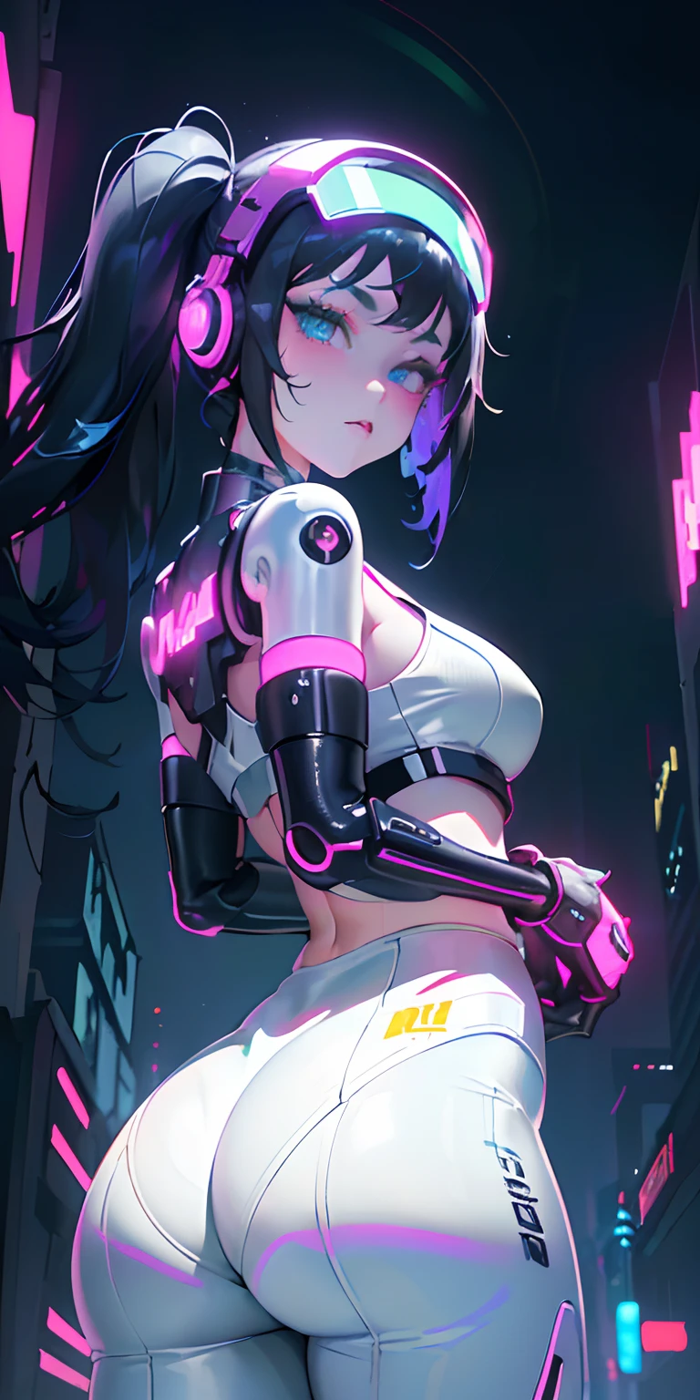 top-quality))、((​masterpiece)、Close-up of people、Buttock emphasis、cyberpunked、Big buttocks、Electronic visor attached to 12-year-old girl's face with emphasis on buttocks、Cyberpunk Fashion、Sexy Posing、(Wearing white body spats on lower body、Breasts enlarged、Neon lights in dark city at night