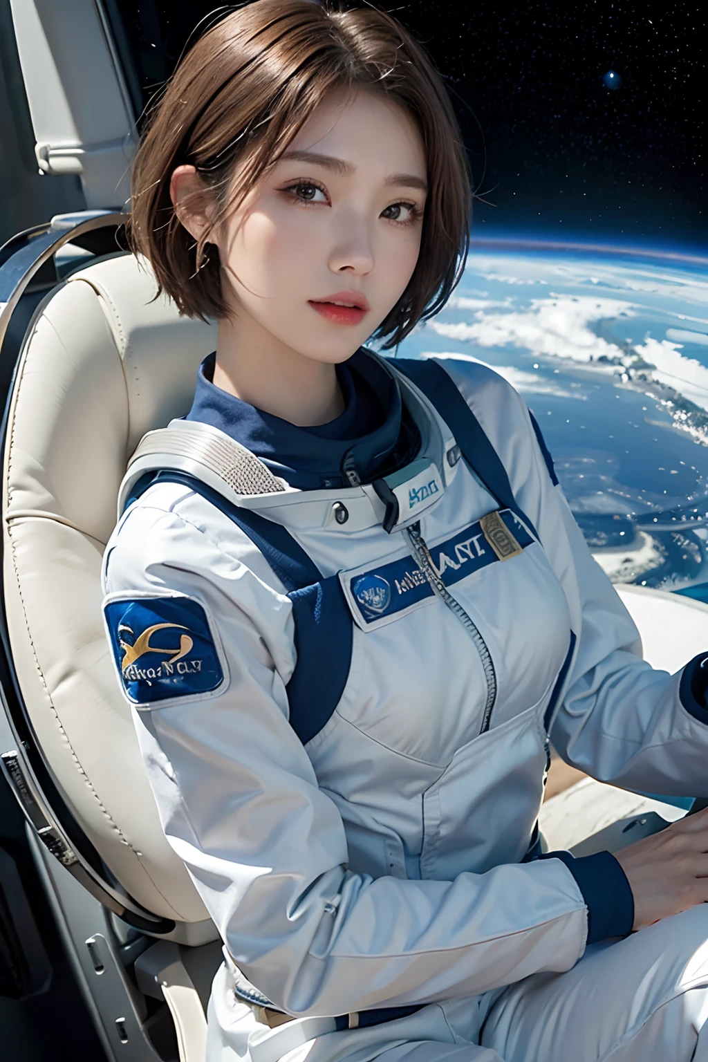 1girl,astronaut,orange planet uniform,space,