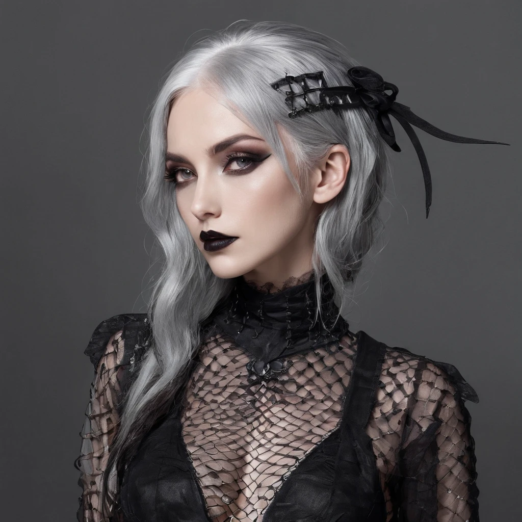 Girl with gothic net symbolic clothes,Gray hair, Hot babe with big