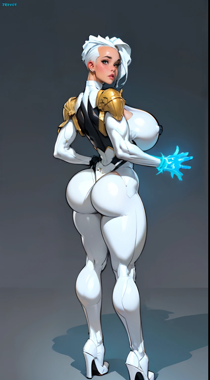 ((Radiant Aura:1.7)), 8k ((back view:1.0))((gigantic thighs:1.8)) (gigantic ass:1.6),(large eyes:1.3), defined cheekbones, ((looking back:1.4)), ((the pit style:1.4))((sleek white bodysuit:1.6)) ((zentai bodysuit:1.4)), ((white visor over eyes))((intricate metal details:1.4))detailed face:1.5), white skin,(puffy lips:1.5) (white skin:1.6), (bald woman:1.7), (skinhead) ((sexy pose)),(Muscular:1.3), (((gigantic breasts:1.6))), )highly detailed, majestic, digital photography, art by artgerm and ruan jia and greg rutkowski, ((metal shoulder pads:1.2)), (masterpiece), sidelighting, intricate details, black and blue color palette, dark blue legs, dark blue ass, white upper body