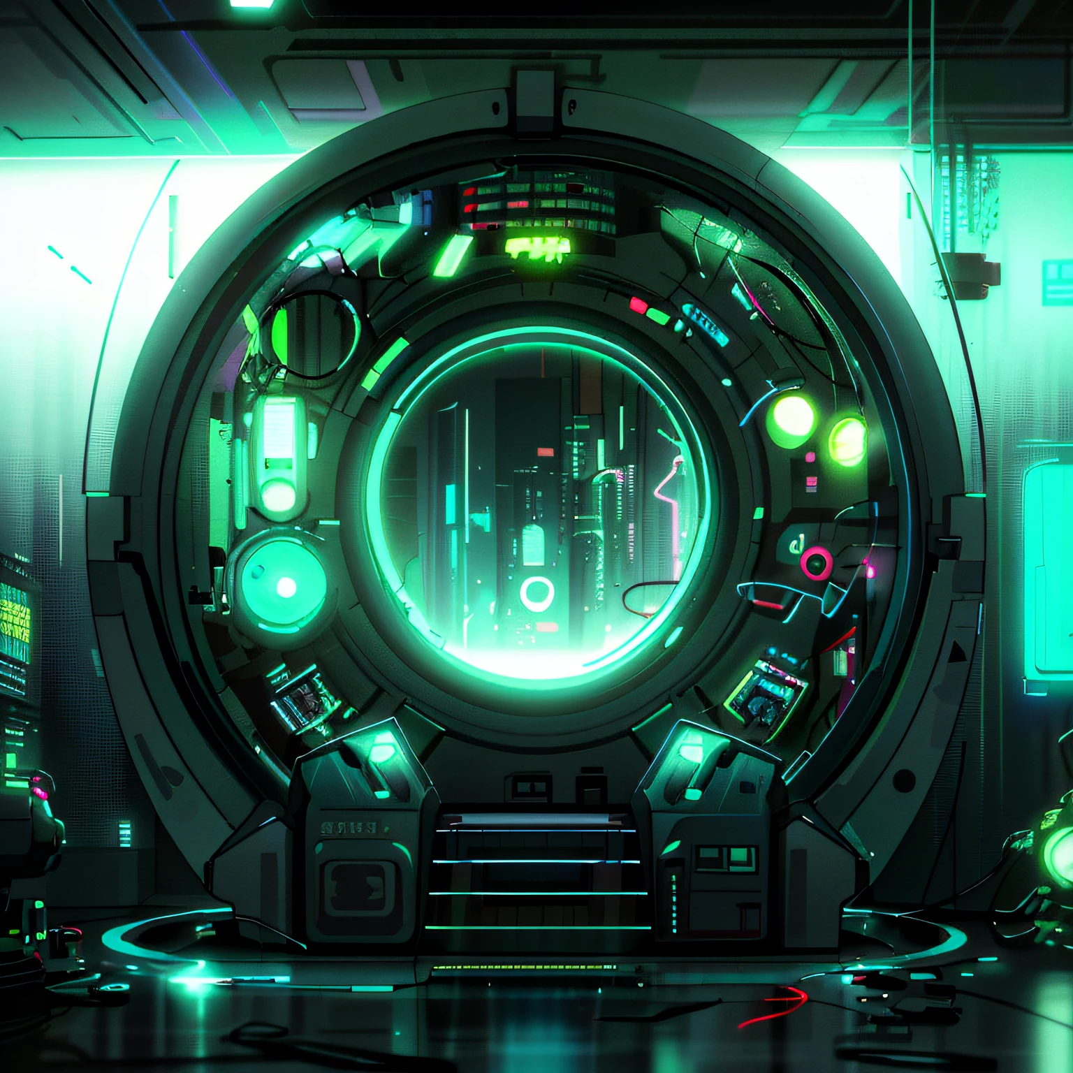 A futuristic scene from Sci - Wire with neon lights and a large circular object, Hybrid style beep blend, estilo de arte cyberpunk, estilo de arte futurista, arte do bipe, em estilo de bipe, cores cyberpunk coloridas sonhadoras, Artem Demura Beeple, por bipe, bipe |, beeple daily art, dark