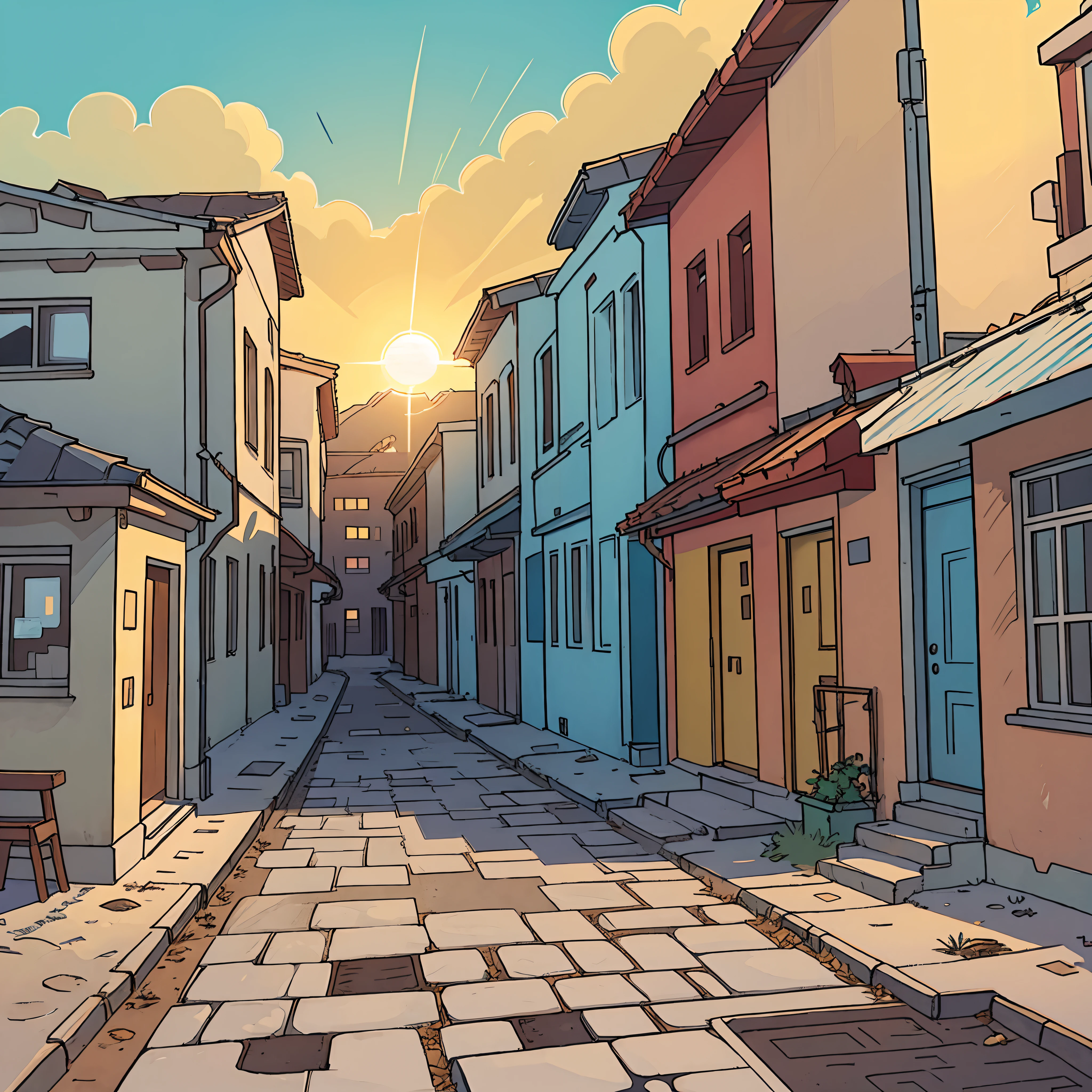 perfect anime illustration, A small Soviet town, Deserted, jour, Bright sun, road