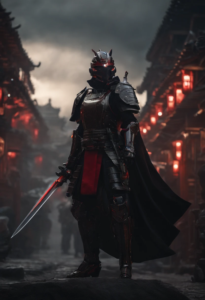 Dark_Fantasy,Cyberpunk,1manMechanical marvel,Robotic presence,Cybernetic guardian, samurai mechanical armour, katana on the waist, absolutely stunning art,wearing a black cloak, highest quality art, highest resolution, hyper detailed,black and red, futuristic, samurai robot, atmospheric,8k,64k, HD, unparalleled masterpiece, dynamic lighting, cinematic, epic