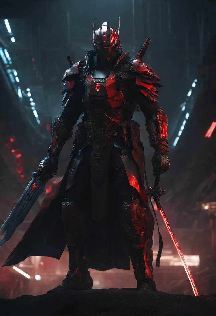 Dark_Fantasy,Cyberpunk,1manMechanical marvel,Robotic presence,Cybernetic guardian, samurai mechanical armour, katana on the waist, absolutely stunning art,wearing a black cloak, highest quality art, highest resolution, hyper detailed,black and red, futuristic, samurai robot, atmospheric,8k,64k, HD, unparalleled masterpiece, dynamic lighting, cinematic, epic