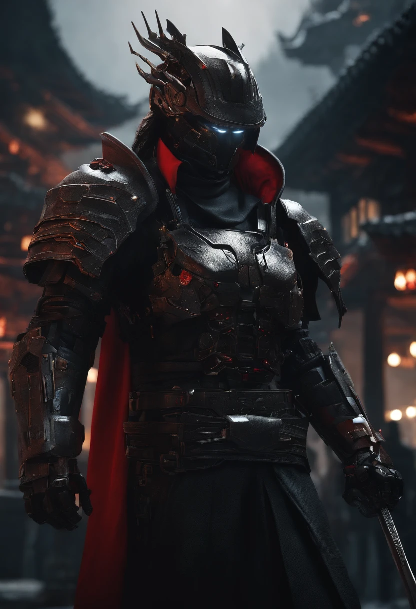 Dark_Fantasy,Cyberpunk,1manMechanical marvel,Robotic presence,Cybernetic guardian, samurai mechanical armour, katana on the waist, absolutely stunning art,wearing a black cloak, highest quality art, highest resolution, hyper detailed,black and red, futuristic, samurai robot, atmospheric,8k,64k, HD, unparalleled masterpiece, dynamic lighting, cinematic, epic