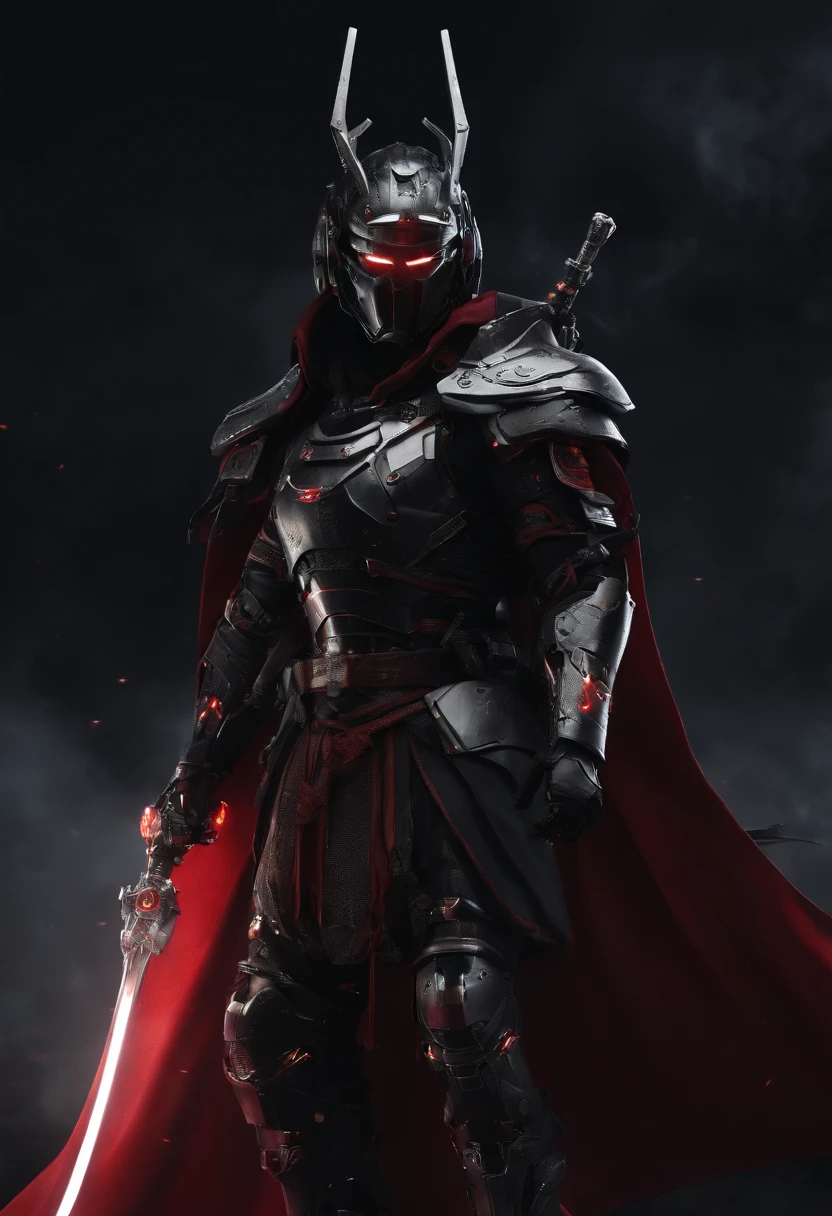Dark_Fantasy,Cyberpunk,1manMechanical marvel,Robotic presence,Cybernetic guardian, samurai mechanical armour, katana on the waist, absolutely stunning art,wearing a black cloak, highest quality art, highest resolution, hyper detailed,black and red, futuristic, samurai robot, atmospheric,8k,64k, HD, unparalleled masterpiece, dynamic lighting, cinematic, epic
