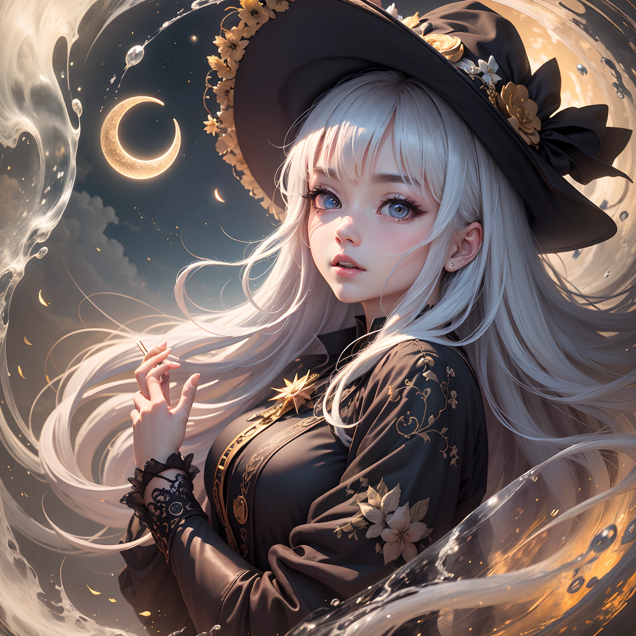 ((witch hat), (black hat), ((🧙‍♀️)), 🏰🕰️✨✨✨✨, ((masterpiece)), ((best quality)), ((super detailed)), ((very delicate and beautiful)), (cute), (cute) witch standing, solo, [Looking at camera, blushing], standing, upper body, (landscape, night, night sky:1.2), witch, witch hat, blue eyes, white hair, long hair, strapless dress, crisp lines, high quality, best quality, masterpiece,,prism style、Knee Shot 