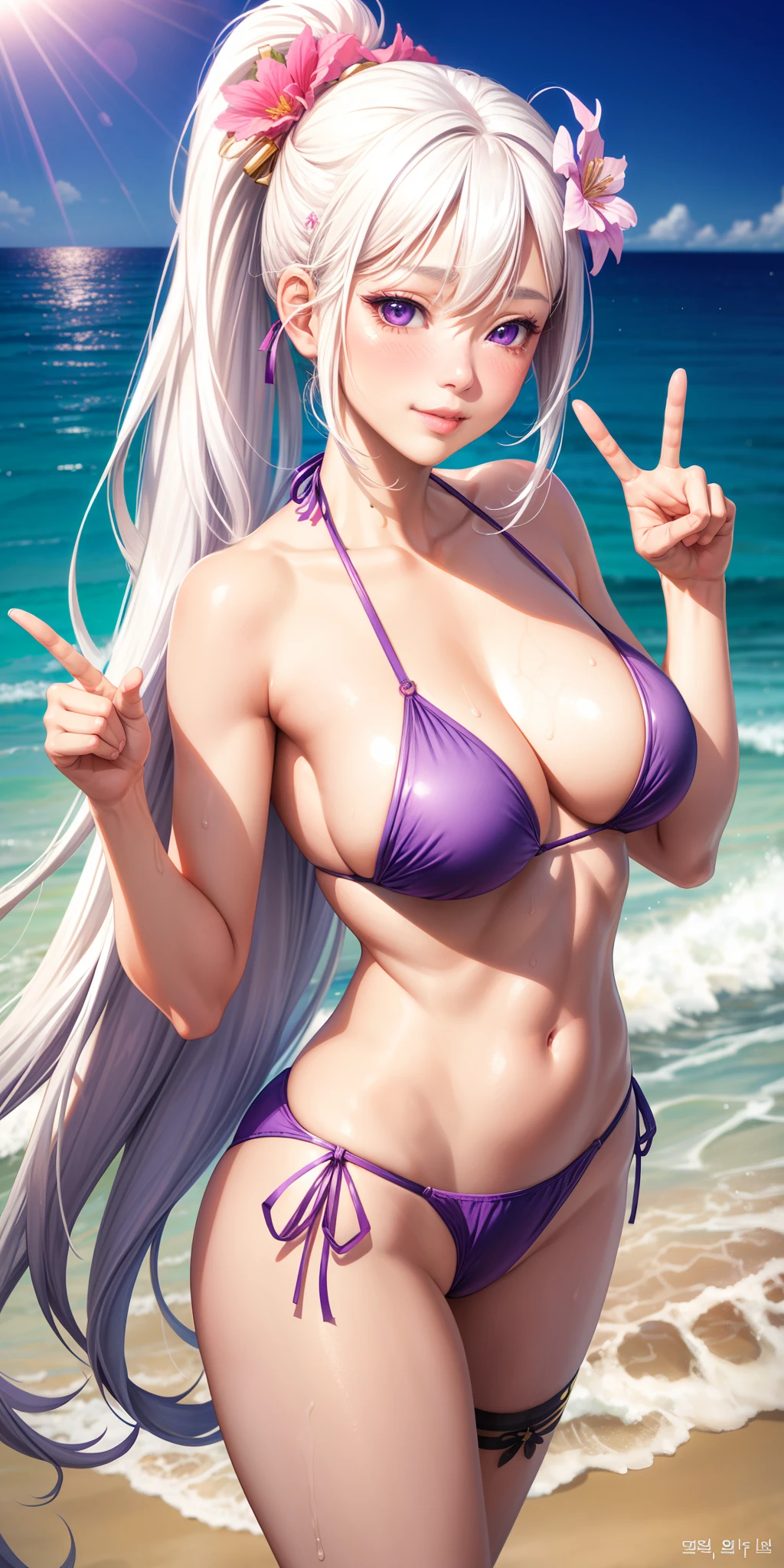 (realistic:1.2), 1girl, white hair, ponytail, purple eyes, makeup, korean girl, parted lips, blush, purple bikini, side-tie bikini bottom, [collarbone:0.8], medium breasts, light smile, peace sign, v, beach, sand, ocean, waves, sun, sunlight, water reflection, shiny skin, hair ornament, hair flower,