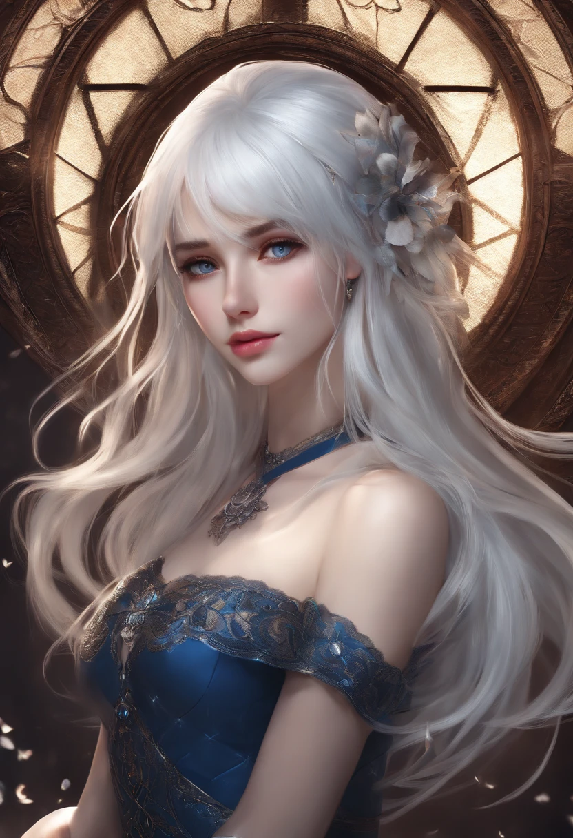 (Masterpiece, Best Quality, High Resolution: 1.2), 1 Girl, Solo, long hair, blue Eyes, full body, sexy short Dress, white Hair ,dark background