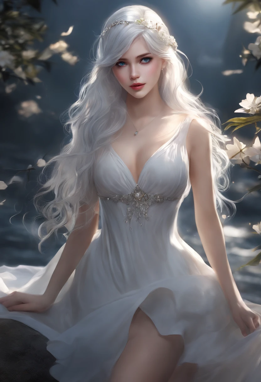 (Masterpiece, Best Quality, High Resolution: 1.2), 1 Girl, Solo, long hair, blue Eyes, full body, sexy short Dress, white Hair ,dark background
