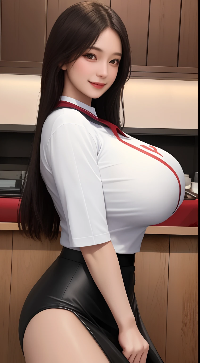 ((Best quality, 8k, Masterpiece :1.3)), Beautiful face, (photo realistic:1.4), soft lighting, (high detailed skin:1.3), 8k uhd, dslr, high quality, high resolution, 4k, 8k, absurdres, best ratio four finger and one thumb, (realistic:1.4), ((realistic super huge breasts :1.3)), Highly detailed face and skin texture, Detailed eyes, Double eyelid, full body view, 1girl,(W cup breast),long black ponytaill hair,Red Arsenal Uniform Sportswear's Outfit,smiling,