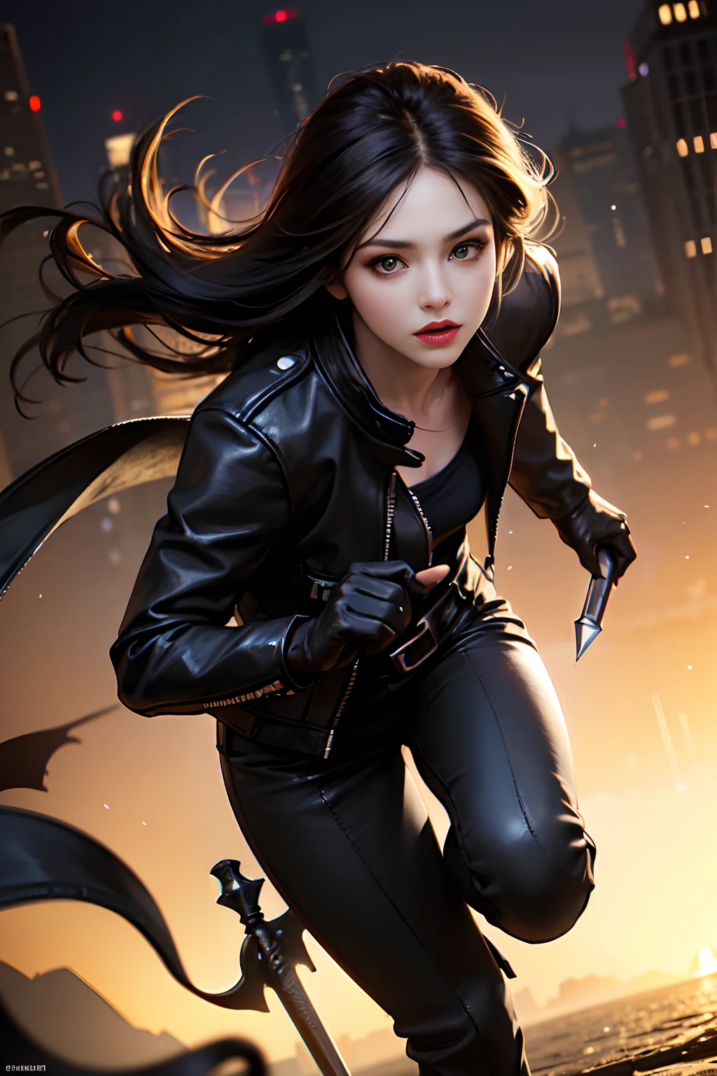 (skindentation:1.5), Realistic, Photorealistic, (masterpiece:1.5), concept art, intricate details, highly detailed, photorealistic, octane render, 8k, unreal engine, dynamic pose, best quality, highres, (realistic face:1.1), (hyperrealistic:1.1), ((full_body)), perfect eyes,(shiny skin:1.2), (((hairstyle))), (((perfect hands))), (extremely detailed background), ((dynamic background)), ((1girl)), wearing black leather jacket, black leather long pants, black t-shirt, black boots, (((flowing jacket))), ((detailed eyes, high quality eyes, high quality face)), (extremely intricate jacket), long black hair, ((dramatic)), epic, city, depth of field, bokeh, 4k, (((assassin))), ((holding dagger)), black mask, ((running action))