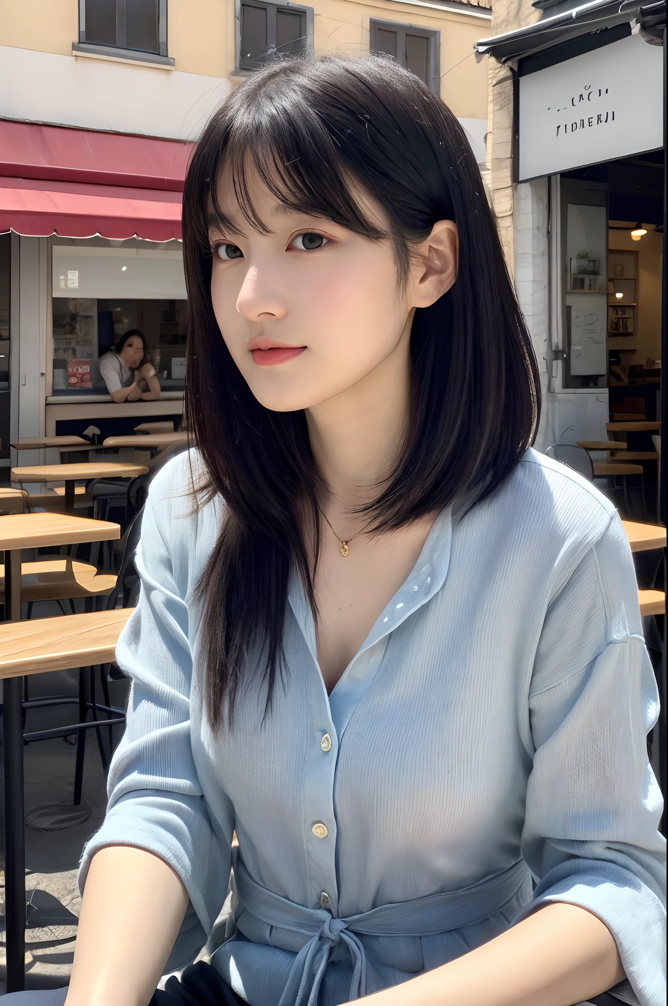 , Blown by the long wind [blue-black:.3] hair,Looking at Viewer, (masutepiece:1.3), (8K, Photorealistic, Raw photo, Best Quality: 1.4), Japanese, (1girl in), Beautiful face, (Realistic face), (Black hair, Short hair:1.3), Beautiful hairstyle, Realistic eyes, Beautiful detailed eyes, (Realistic skin), Beautiful skin, Attractive, 超A high resolution, A hyper-realistic, Highly detailed, Golden ratio,、乃木坂アイドル、韓国アイドル、hposing Gravure Idol、女優、25-years old、tall、cafes、resturant、Italy、Americans、Australia、