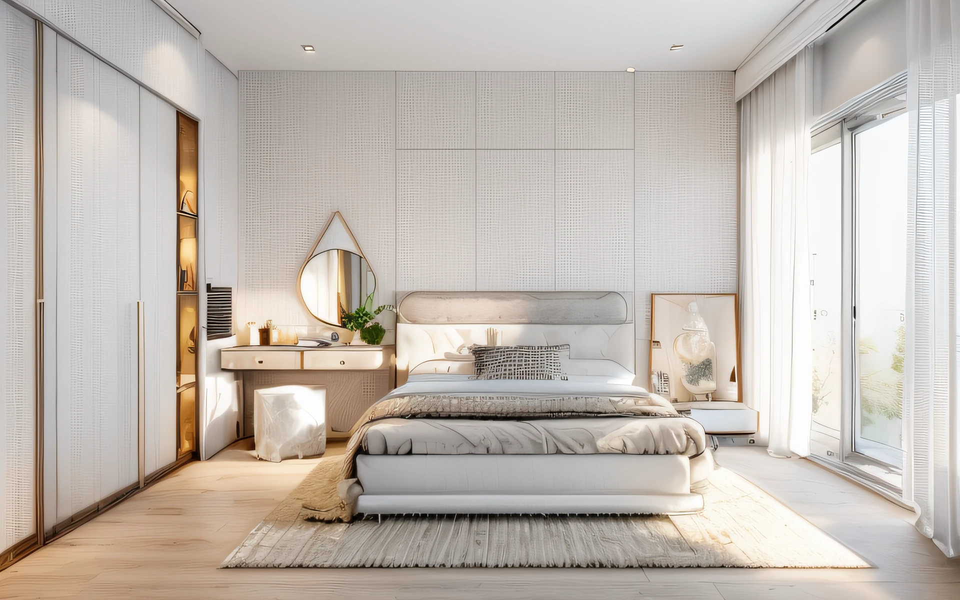 RAW photo, Masterpiece, high quality, best quality, realistic, super detailed,(( pastel furniture )), minimalist architecture, minimalist bedroom, couch, table, carpet , tv stand, sofa, window, curtains, sunset)), archdaily architecture, 1.4 (high detail: 1.2), 8k uhd, dslr, soft light, high quality, film grain, Fujifilm XT3, white celling