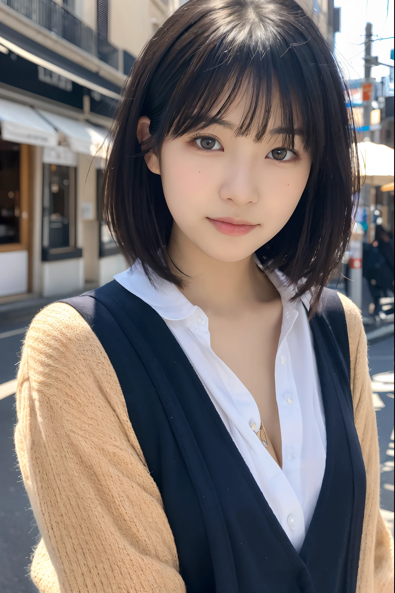 , Blown by the long wind [blue-black:.3] hair,Looking at Viewer, (masutepiece:1.3), (8K, Photorealistic, Raw photo, Best Quality: 1.4), Japanese, (1girl in), Beautiful face, (Realistic face), (Black hair, Short hair:1.3), Beautiful hairstyle, Realistic eyes, Beautiful detailed eyes, (Realistic skin), Beautiful skin, Attractive, 超A high resolution, A hyper-realistic, Highly detailed, Golden ratio,、乃木坂アイドル、韓国アイドル、hposing Gravure Idol、女優、25-years old、tall、cafes、resturant、Italy、Americans、Australia、